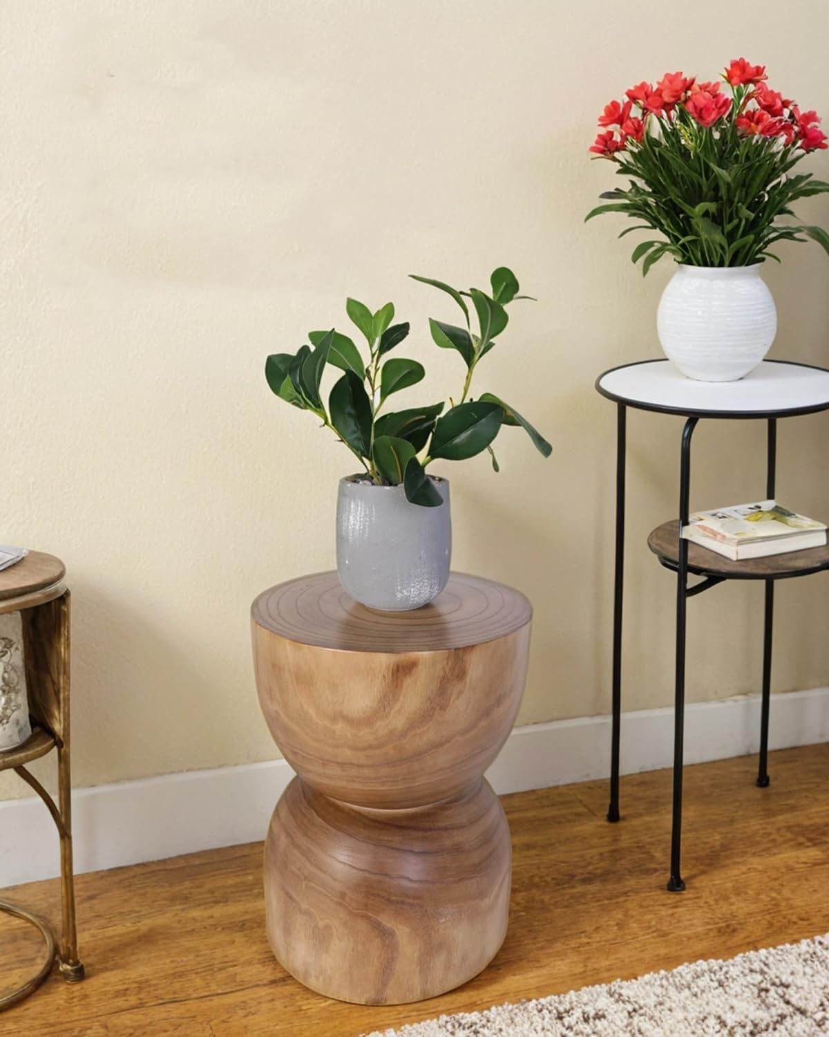 Small Wooden Side Table, 15.75" H Hand Carved Rustic Tree Stump End Table, Natural Paulownia Wood Compact Round Coffee Table, Mini Indoor Outdoor Wood Stool for Living Room, Bedroom, Patio, Garden