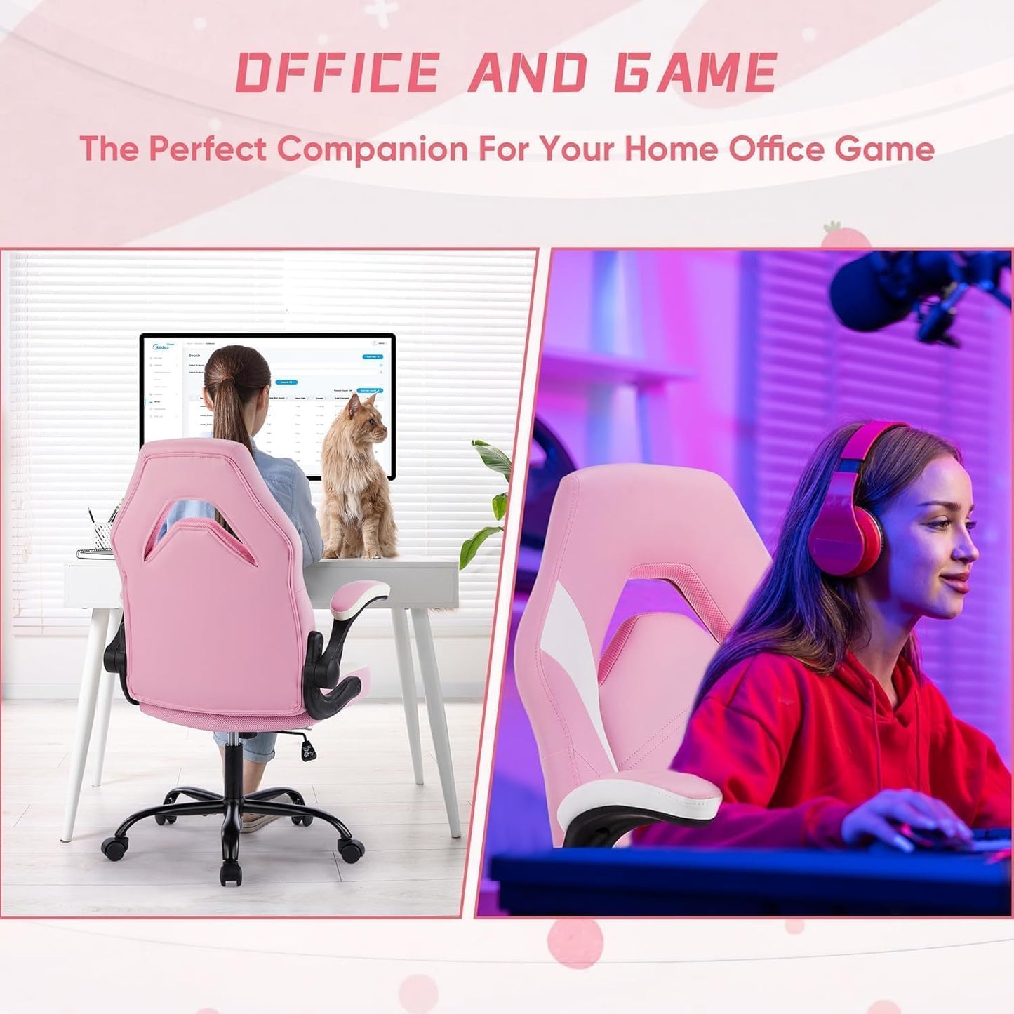 OLIXIS Computer Gaming Desk Chair - Big and Tall Ergonomic Lumbar Support with Flip-up Armrest and 360° Swivel Wheels, PU Leather Height Adjustable, for Home and Office, Pink