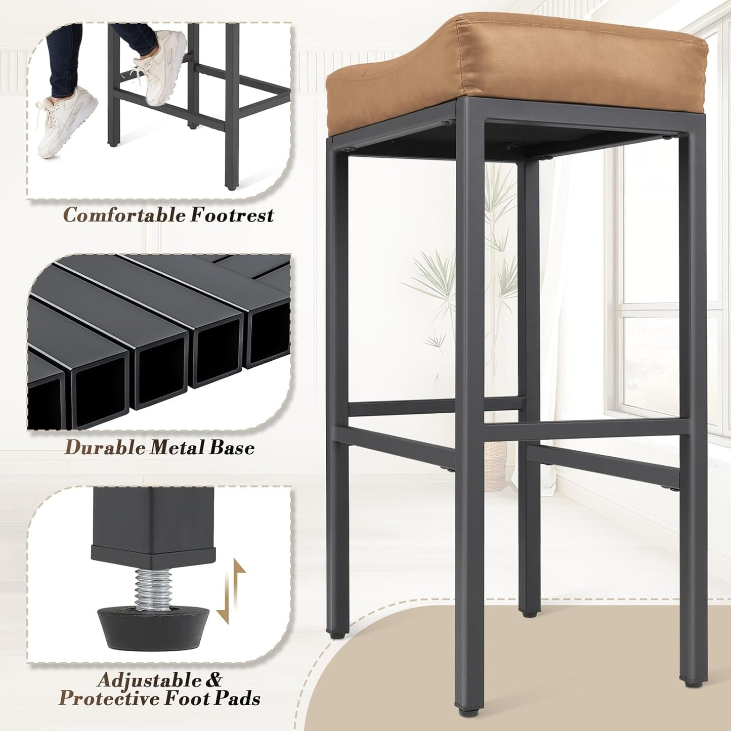 Athena Collection Counter Height Bar Stools Set of 2, 31.5 Inches Saddle Bar Stools with Leather Upholstered and Metal Legs, Backless Barstools for Counter, Kitchen Island, Dining Room, Brown