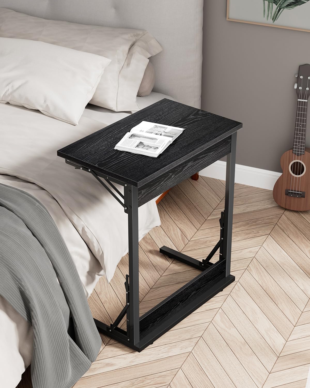 Tatub Folding TV Tray Table, 24" Wide C-Shaped End Table for Couches, Small Sofa-Side Laptop Desk with Metal Frame for Living Room, Bedroom,Black