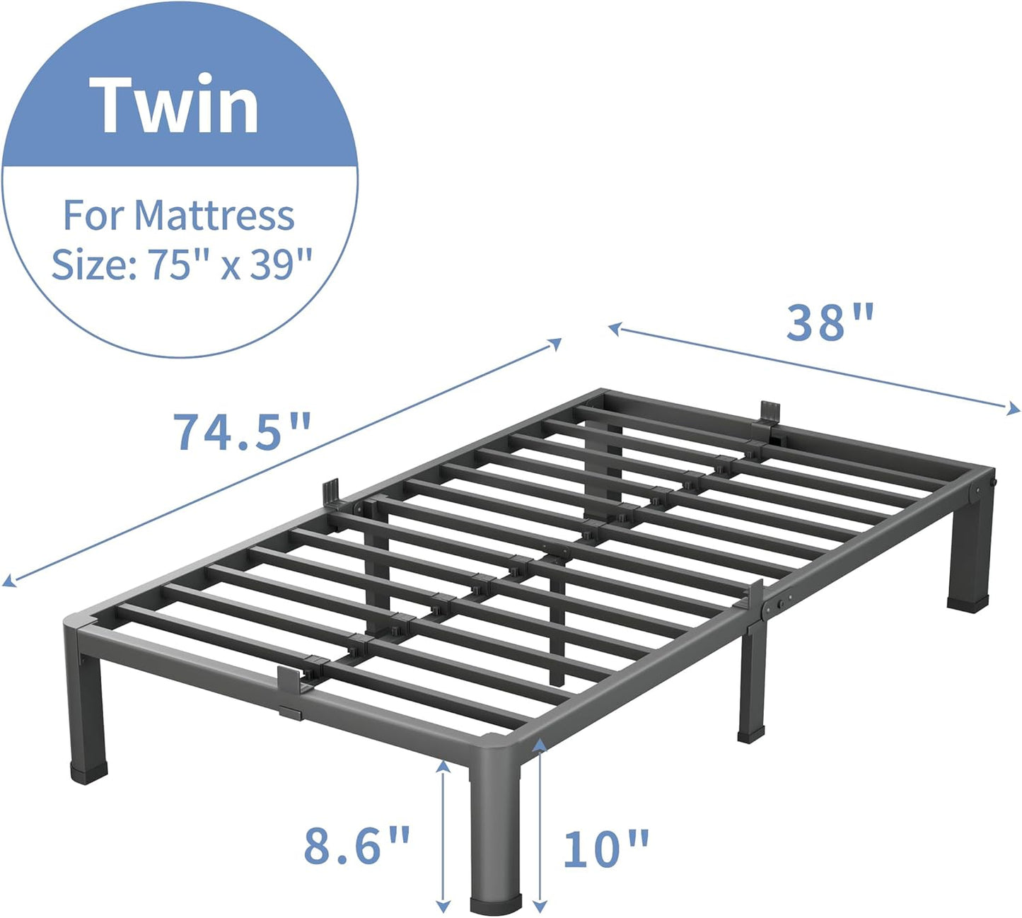 10 Inch Twin Size Bed Frame, 3500Lbs Heavy Duty Metal Platform with Round Corner Legs Mattress Slide Stopper, Steel Slat Support No Box Spring Needed, Noise Free, Non-Slip, Easy Assembly