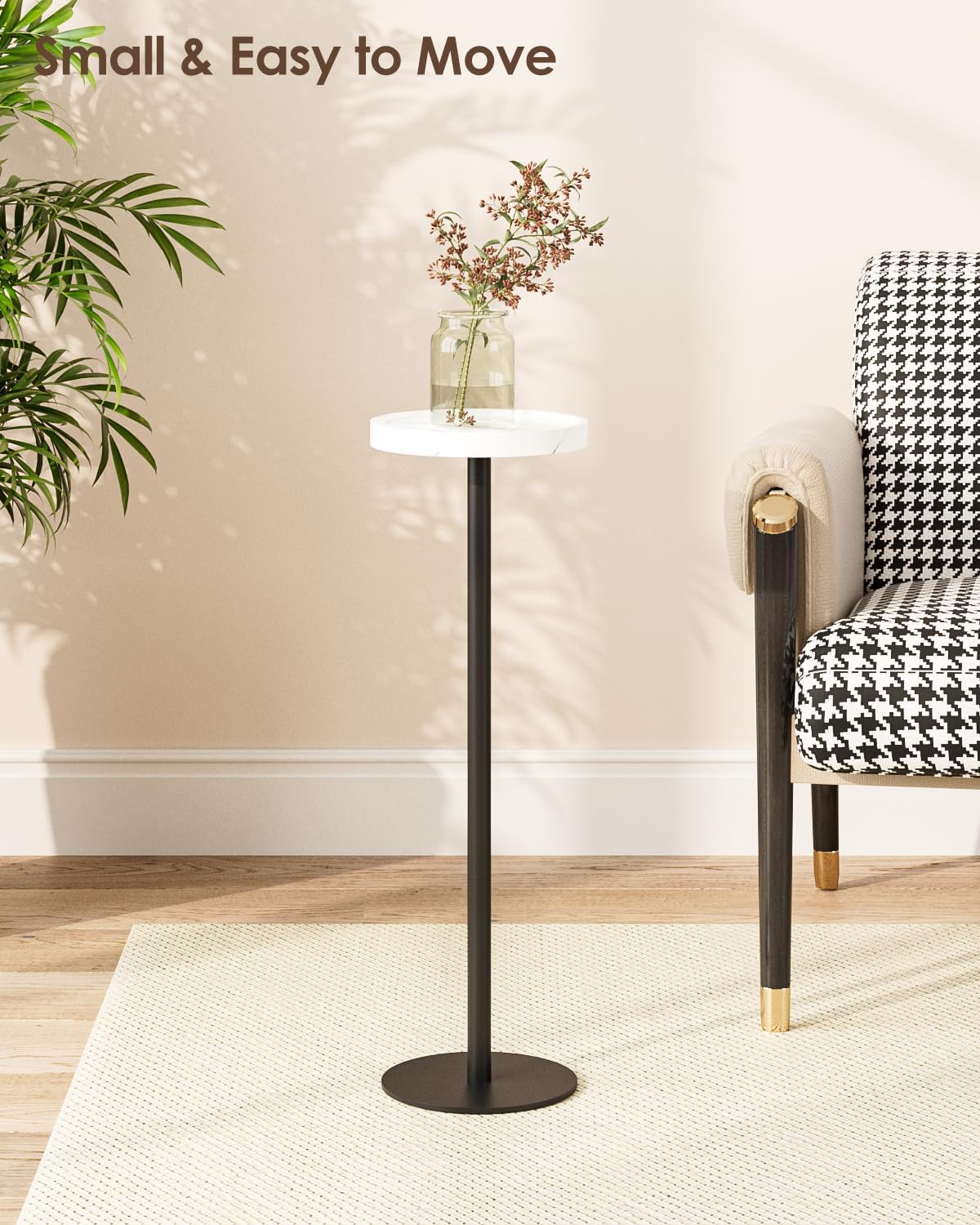 Drink Table, Small Pedestal Side Table, Round Cocktail Table, Circle Accent End Table with Metal Base, for Small Spaces (2, White Marble)
