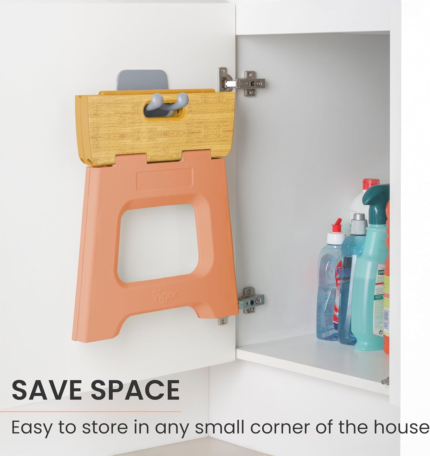 Vigar Compact Step Stool Foldable, 12-1/2-inch Step Stools for Adults up to 330 Pound, Lightweight Stool, Non-Slip Folding Step Stool, Sunrise Orange, Bamboo Print on Top