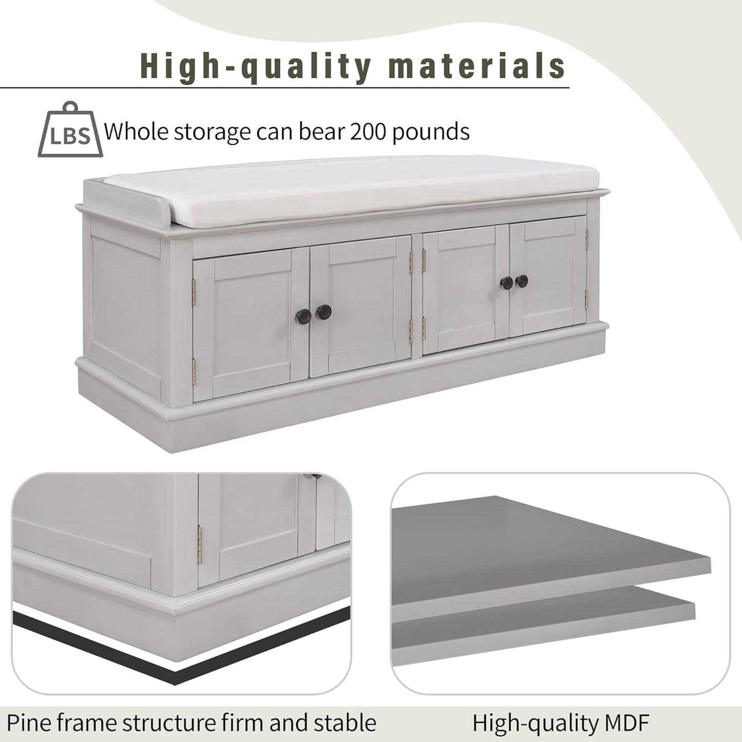 Vintage Hallway Storage Bench with 4 Doors and Adjustable Shelves,Entryway Shoe Rack W/Removable Cushion,for Living Room Bedroom Porch,Gray Wash,42″