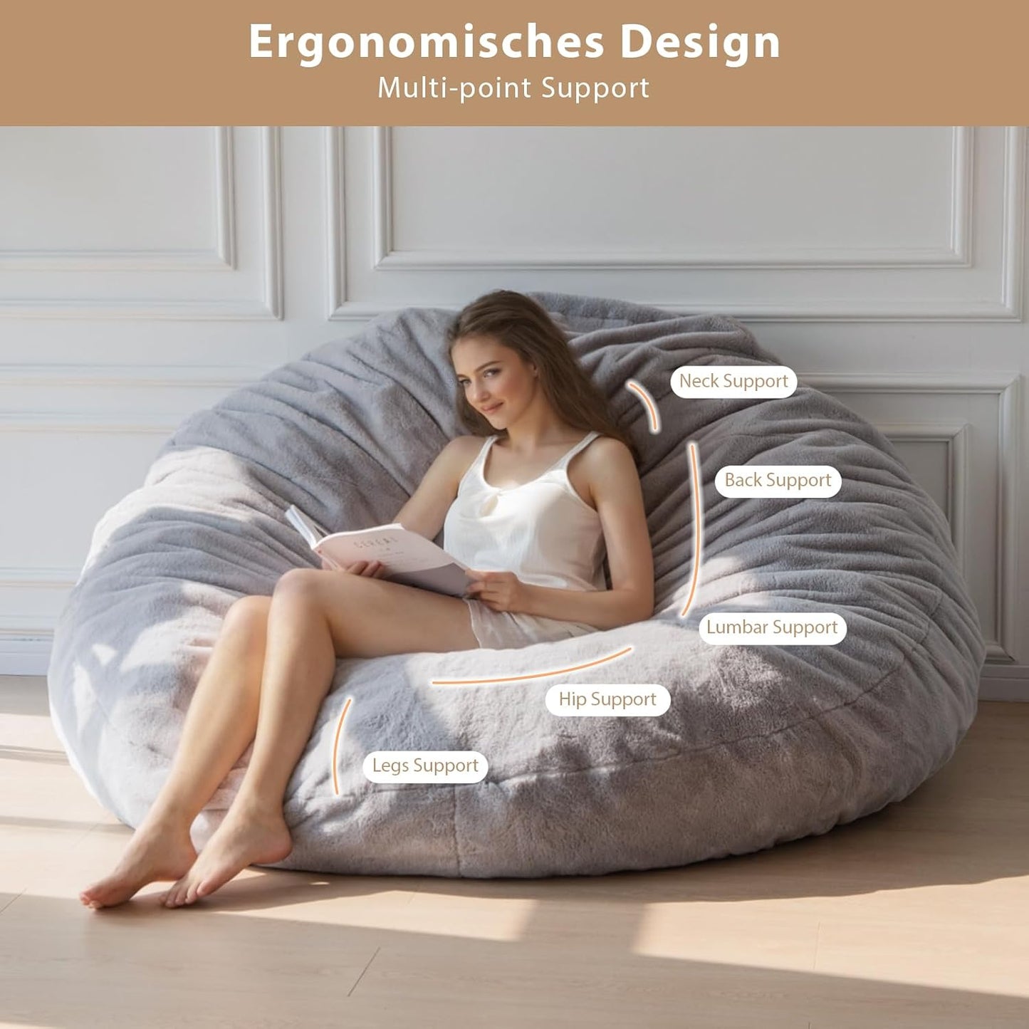 BYBYME 3 in 1 Bean Bag Chair, Convertible Chair Folds from Bean Bag to Lounger, High-Density Foam Filling, Faux Fur Big Sofa Bed, Giant Bean Bag Chair Bed for Adults