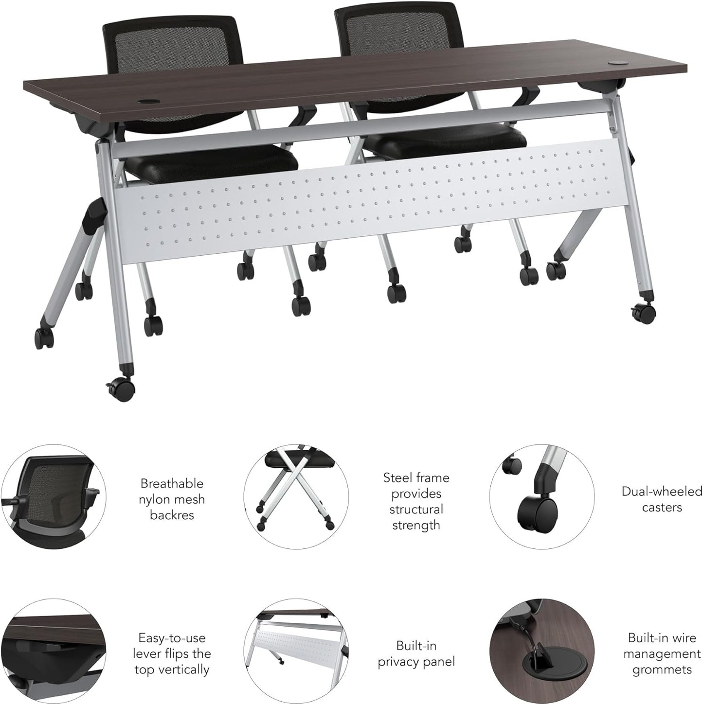 Bush Business Furniture Folding Training Table Set for 2, 72 inch, 2 Mesh Back Folding Chairs with Arms, Commercial-Grade Bundle for Office or Classroom, Envision Collection, Gray
