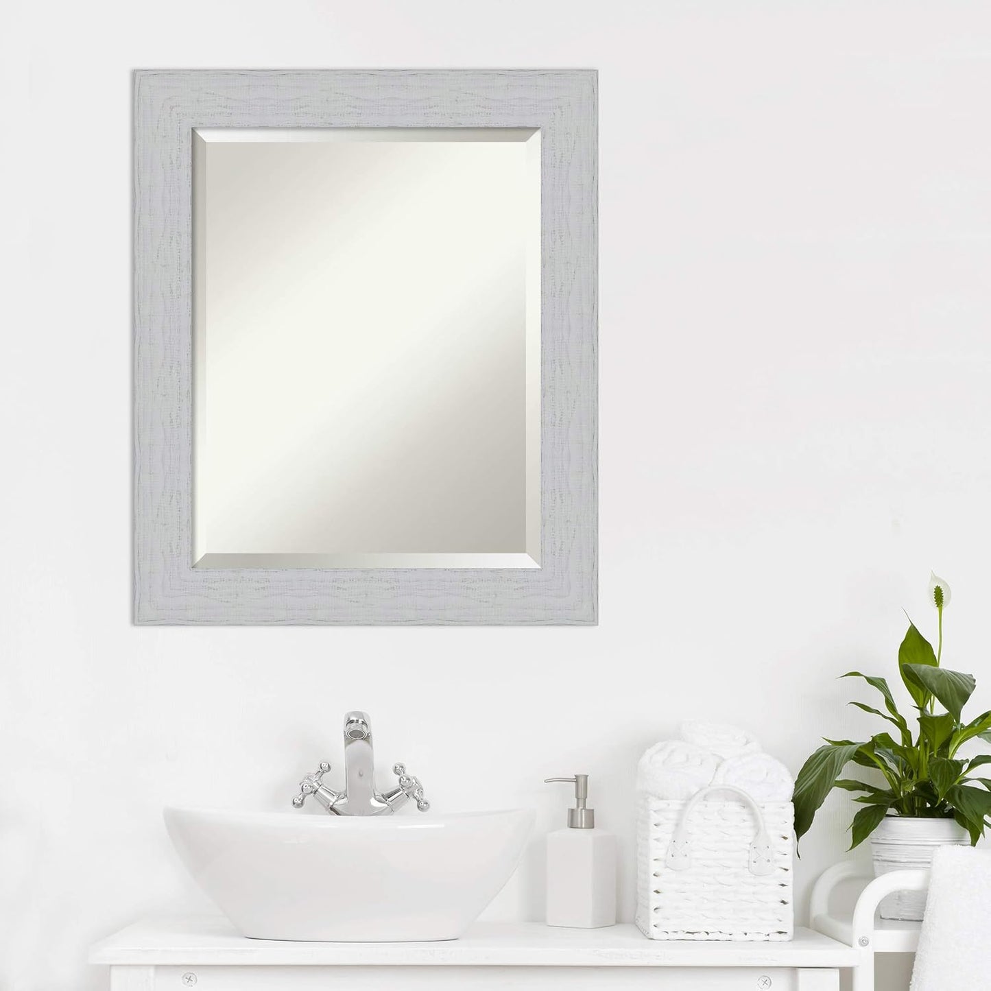 Amanti Art White Bathroom Mirror for Over Sink, 24x20 Shiplap White Rectangle Vanity Mirror, Small Coastal Wood Frame, Hangs Horizonally and Vertically, Bathroom Wall Decor, Beveled Edge from WI, USA