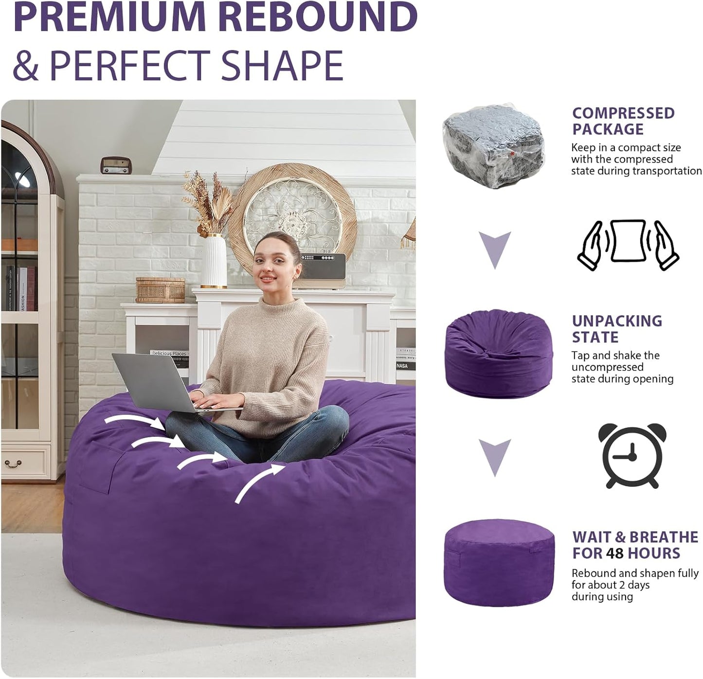 3FT Bean Bag Chair, Comfy Bean Bag Chairs with Memory Foam Filled, Fluffy Beanbag Sofa with Dutch Velvet Cover, Round BeanBag Chairs for Living Room, Playroom - Purple