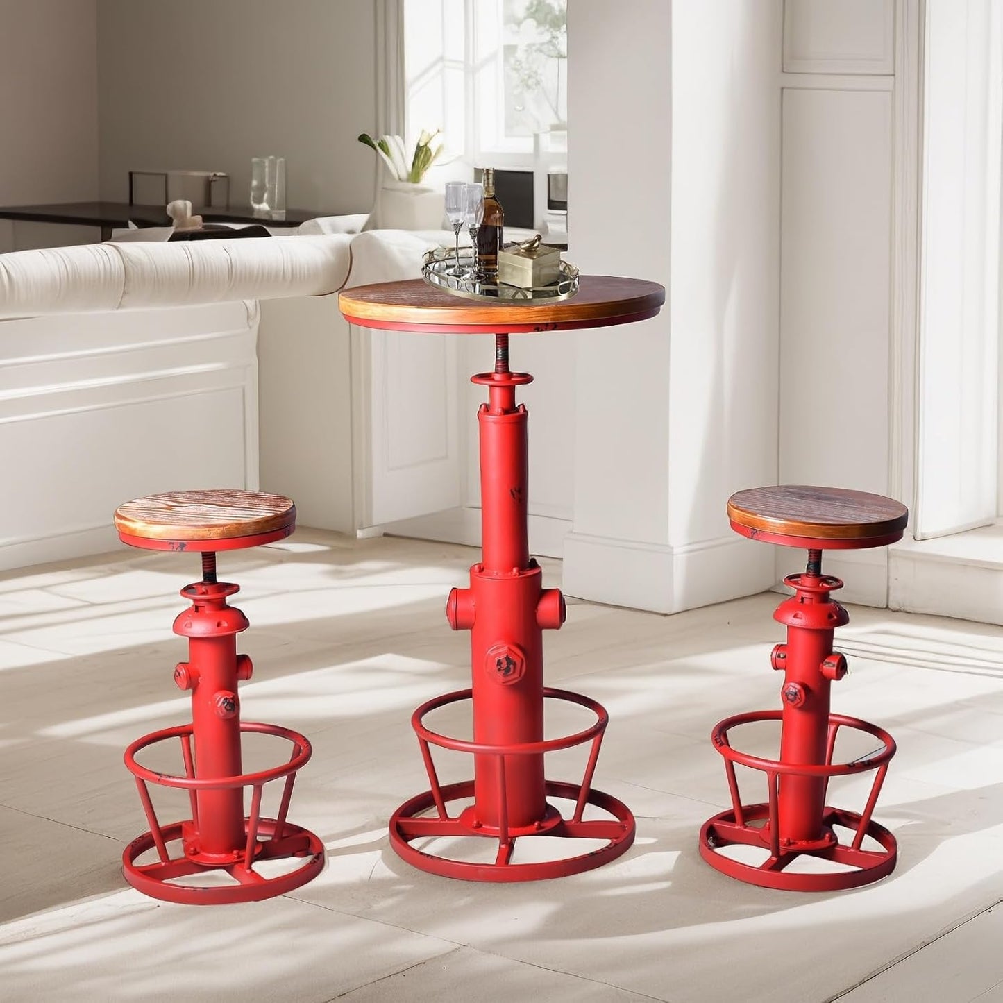 Vintage 38.6-44.4inch Height Adjustable Bar Table Industrial Fire Hydrant Design Pub Tables Farmhouse Cafe Cocktail Desk Rustic Bistro Table Swivel Wooden Top