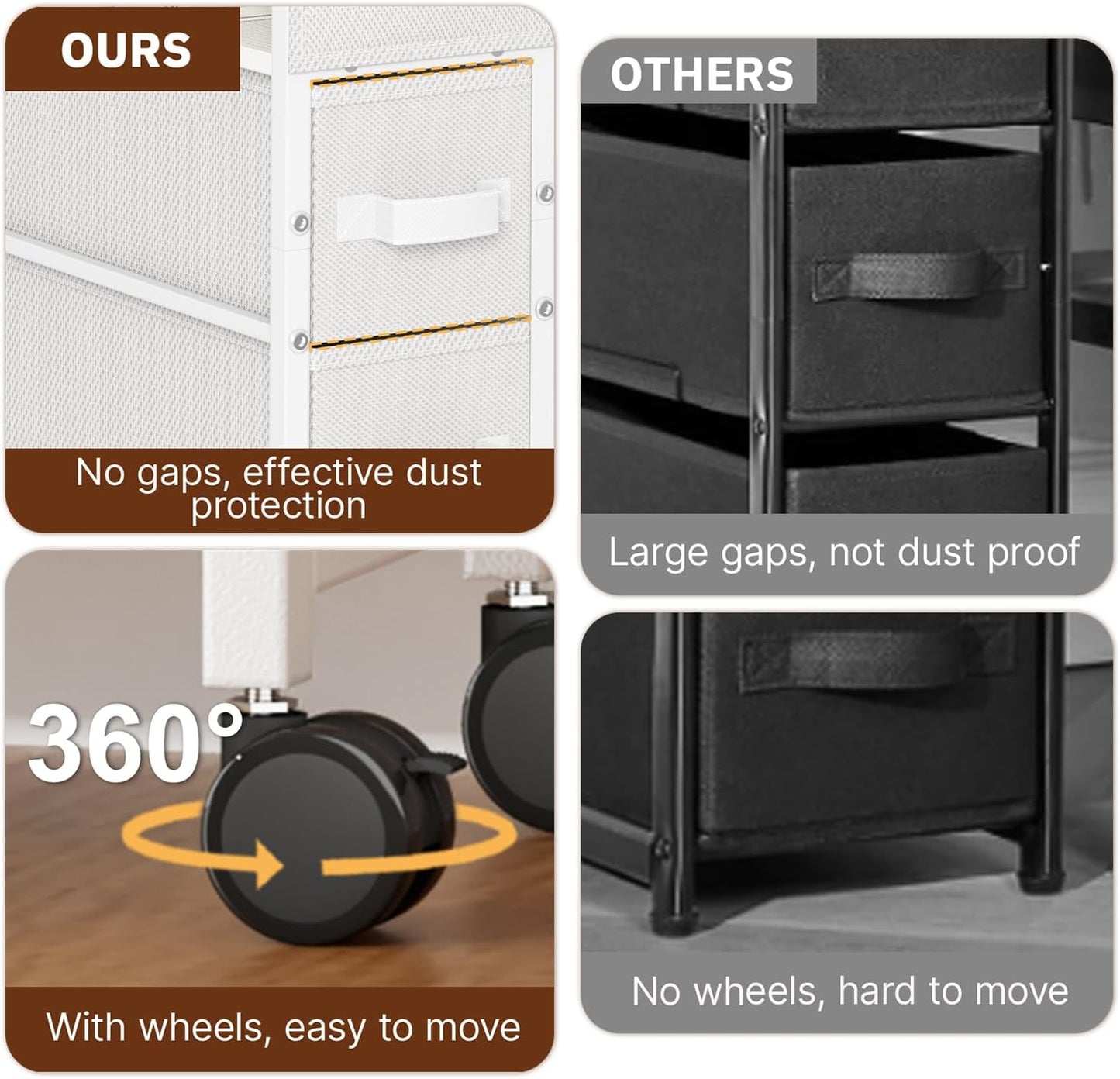 3 Drawer Small Narrow Side End Table for Small Spaces, Slim Nightstand Bedside Sofa Table with Wheels, Space Saving Skinny Thin Couch Desk with Storage Bag for Bedroom Living Room Bathroom,White