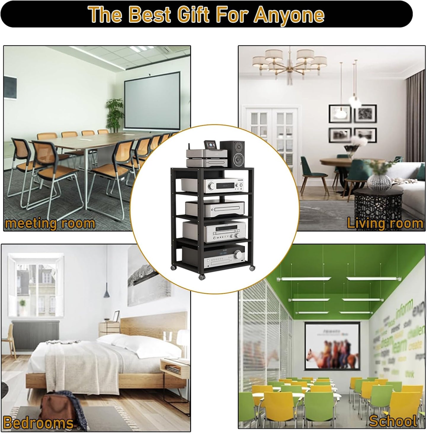 5 Tier Audio Rack Tower, CD Record Player Stereo Receiver AV Equipment Cabinet Display Rack, Weight Capacity 220 lbs, with Adjustable Wooden Shelves for Home (Black-2, 5tier)