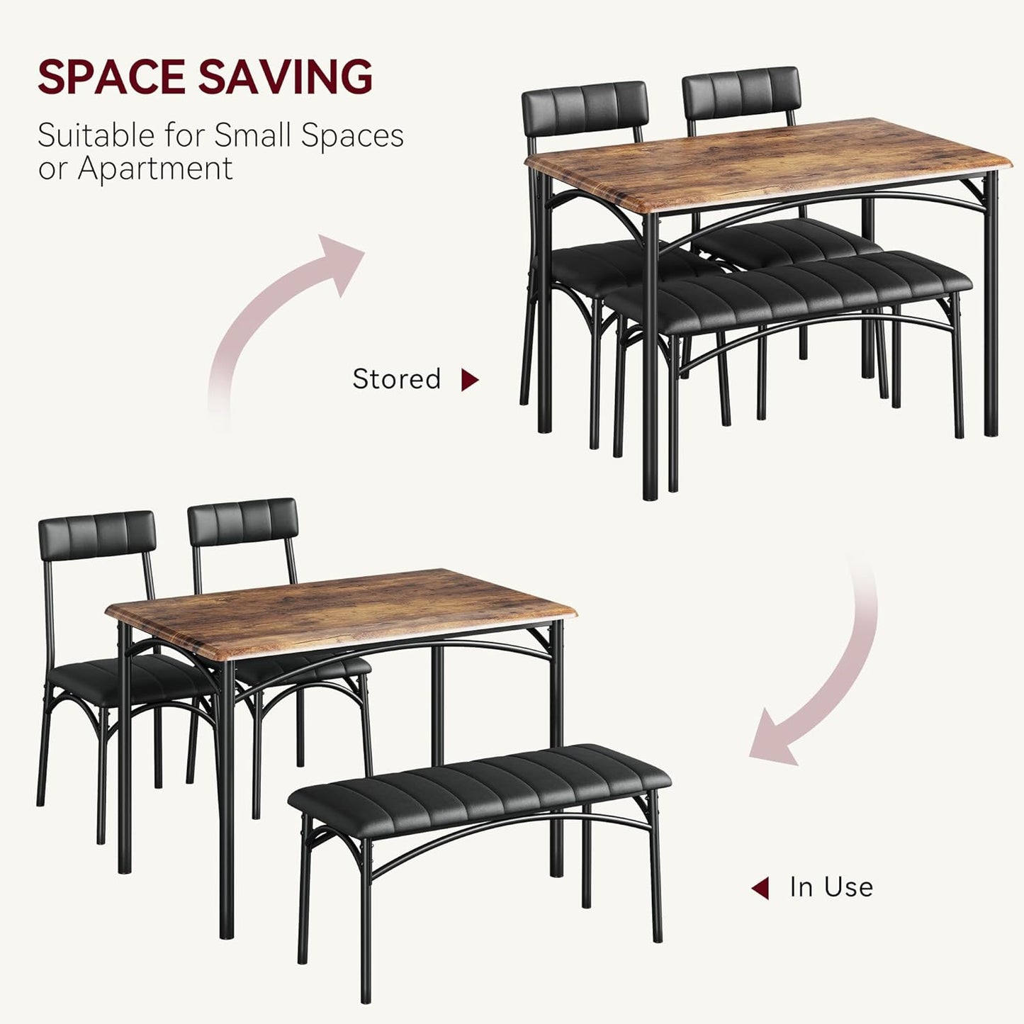 Dining Table Set for 4, Small Dining Table Set with Upholstered Bench and 2 Chairs, Kitchen Table and Chairs for 4, for Small Space, Apartment, Dinner, Rustic Brown