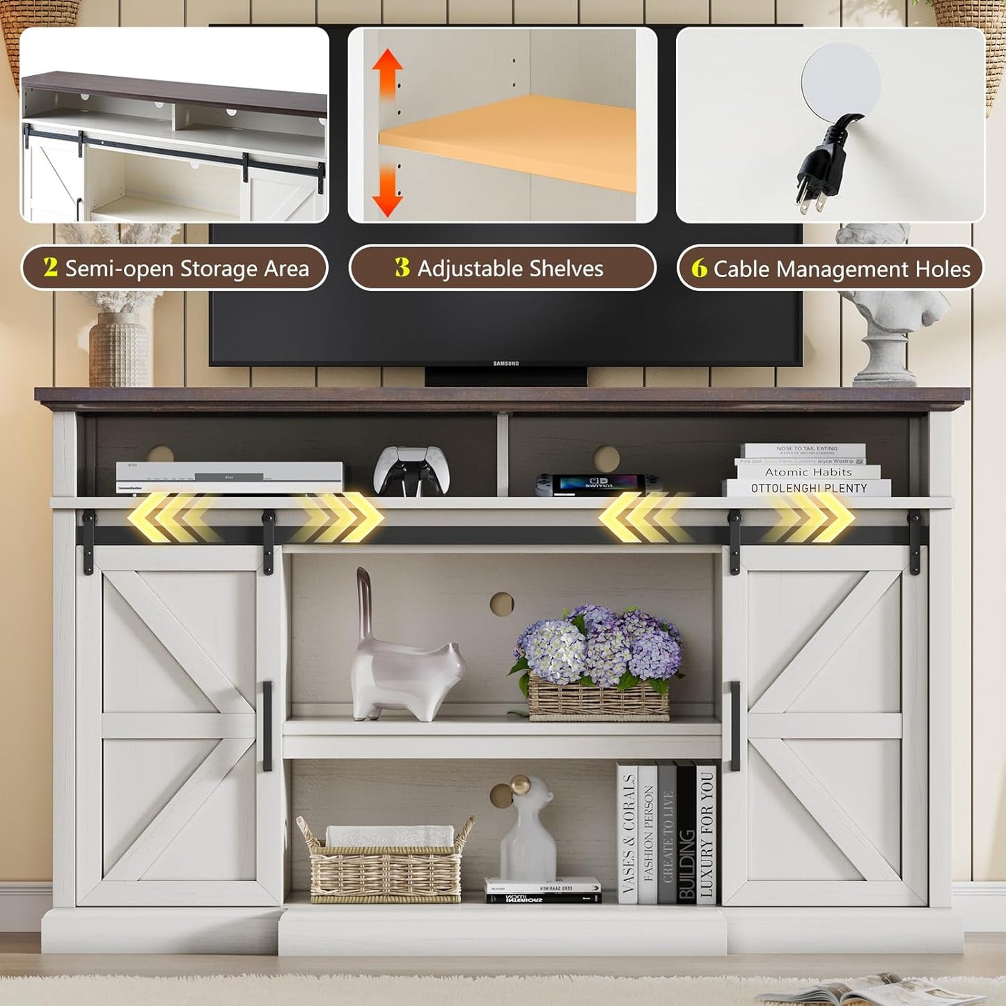 66" Farmhouse TV Stand for 75 Inch TVs, 40" Tall Entertainment Centere with Sliding Barn Doors, Rustic Media Console Table Storage Cabinet with Adjustable Shelves, Living Room, Antique White