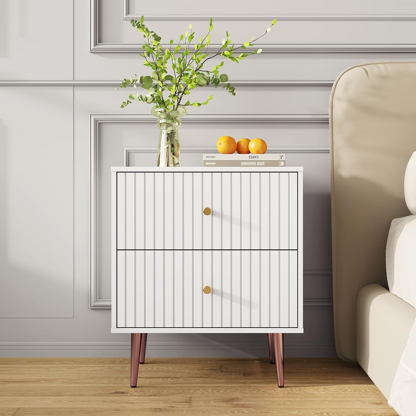 Black Night Stand Set 2,Fluted Nightstand with Door and Open Storage Space,Modern Bedside Table and Wood End Side Table with Golden Metal Legs and Handles for Bedroom,Black (White, 2 Drawers)