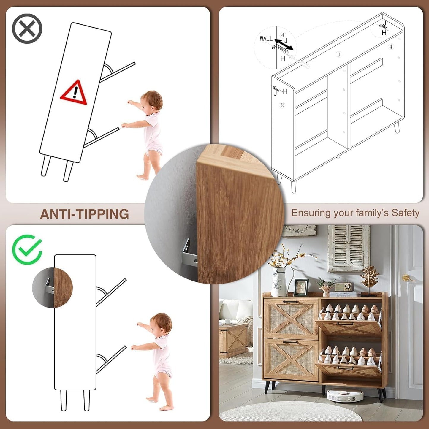 Shoe Storage Cabinet, Boho Shoe Organizer with 4 Flip Drawers & Rattan Design,Farmhouse Freestanding Hidden Slim Narrow Shoe Rack Cabinet for Entryway, Foyer,Hallway,Natural