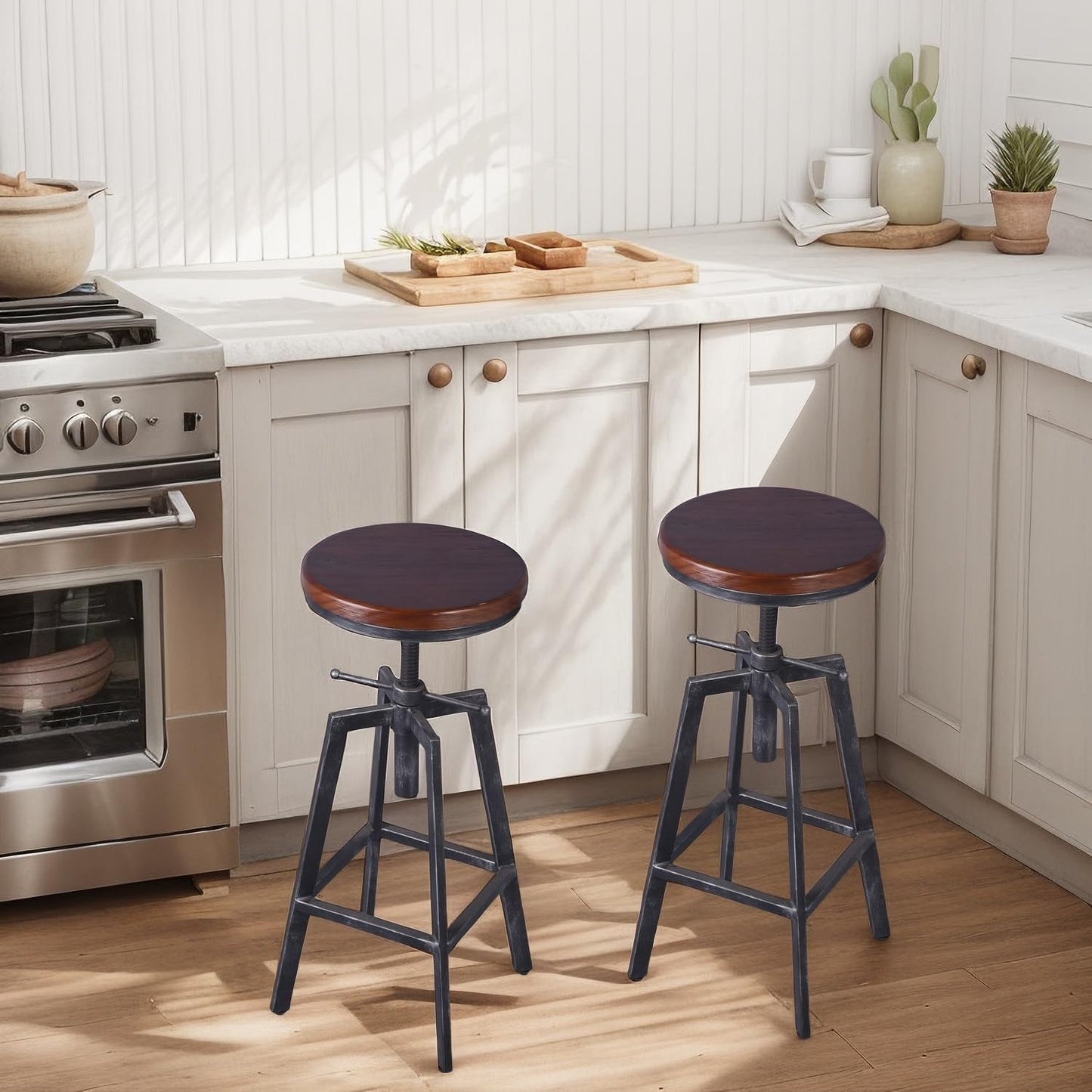 Set of 2 Industrial Bar Stools 25.6-30.5inch Counter Bar Height Adjustable Swivel Wooden Seat Kitchen Dining Chairs