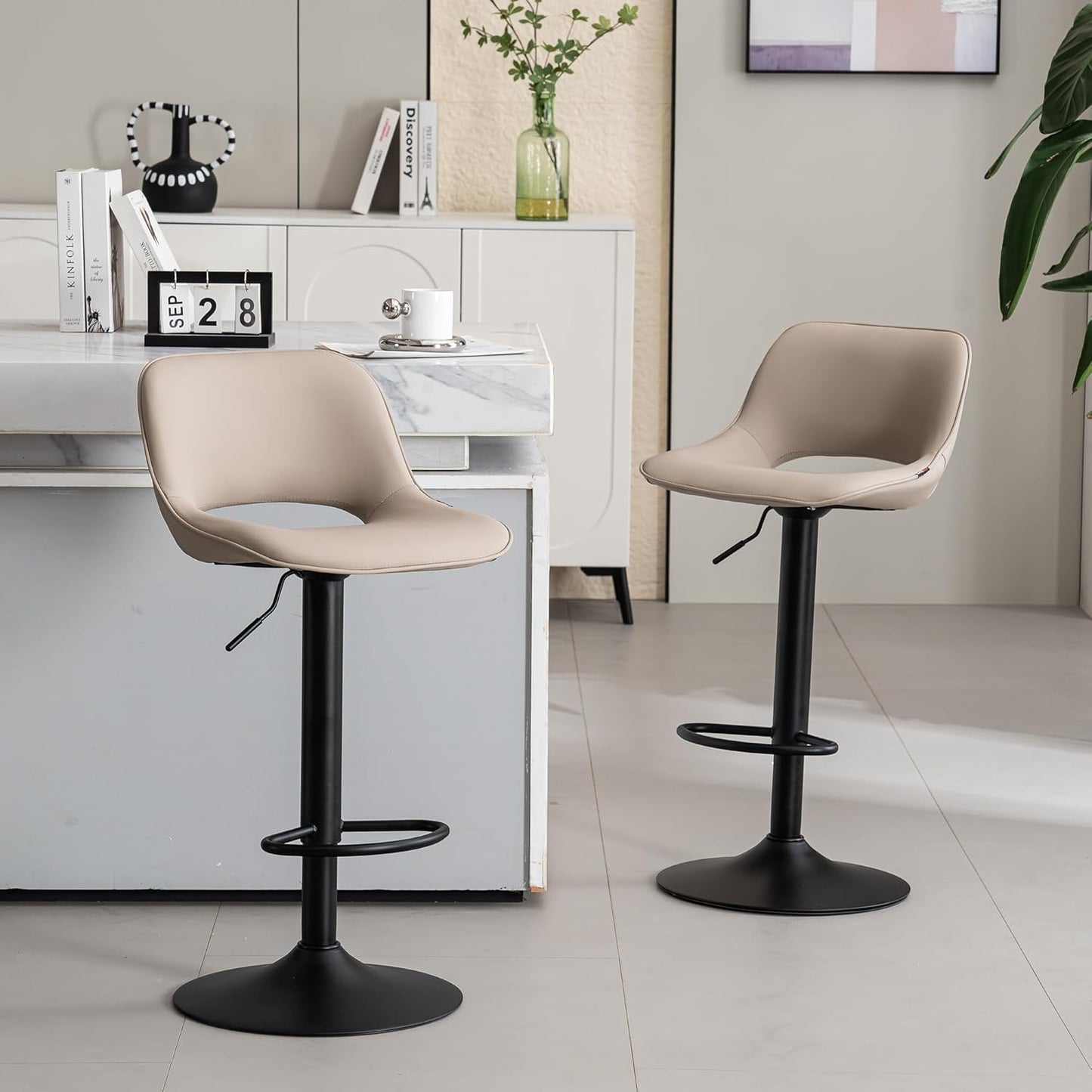 YOUNIKE Bar Stools Set of 2 Compact Modern Swivel Barstools, Adjustable Counter Height Bar Stools Faux Leather Upholstered Bar Chairs with Back for Kitchen Island, Khaki