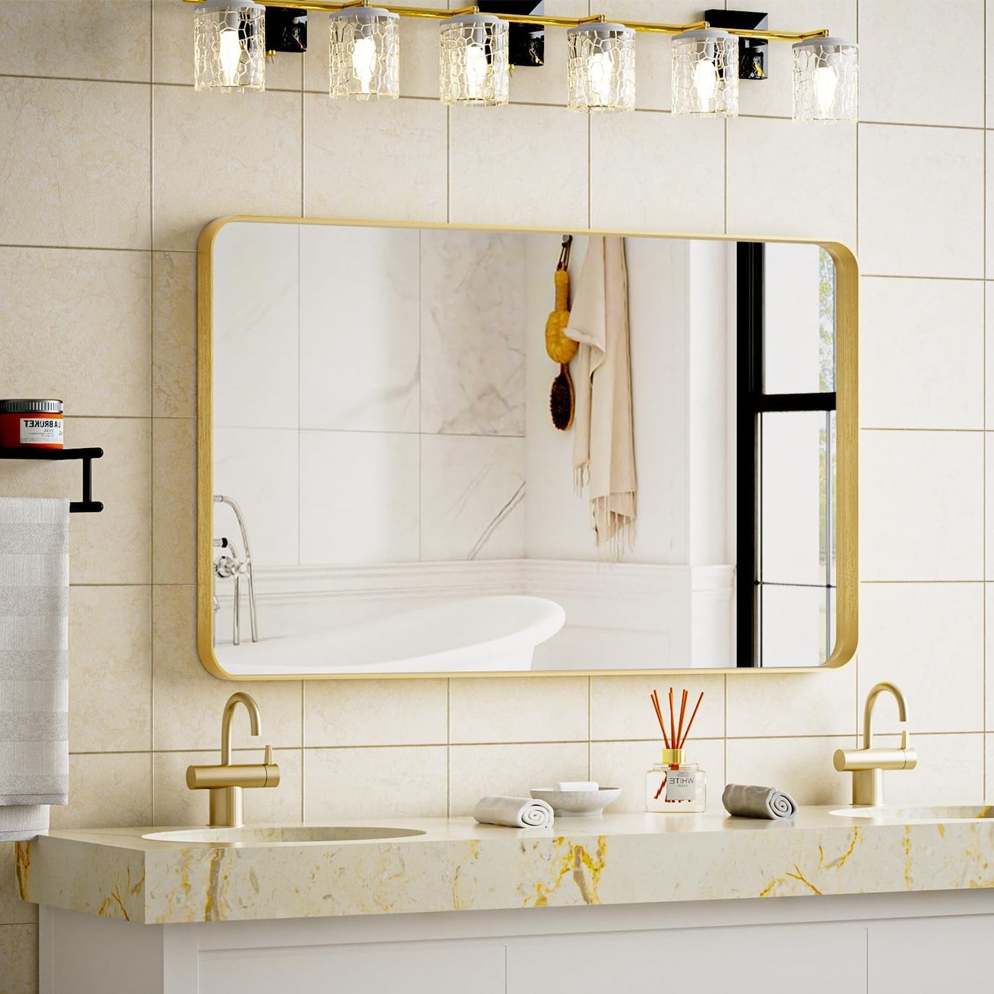 Bathroom Mirror 24x32 inch, Gold Gorgeous Deep Frame Wall Mirror, Modern Round Corner Bathroom Vanity Mirror for Bedroom, Living Room, Hanging or Leaning Horizontal or Vertical, Gold