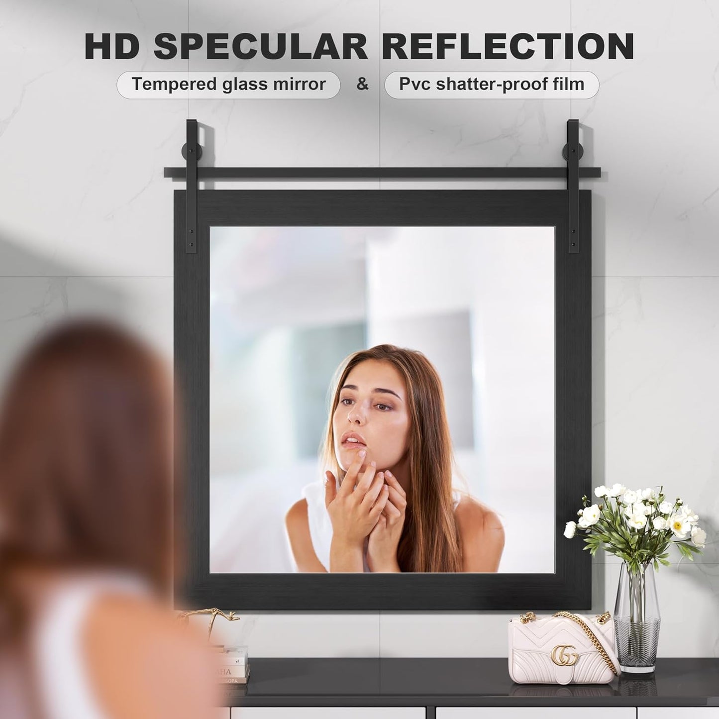 Hasipu Farmhouse Bathroom Mirror, 31"x31" Rustic Wood Framed Wall Mounted Mirror, Black Vintage Vanity Mirror Barn Door Style Decrative Mirrors