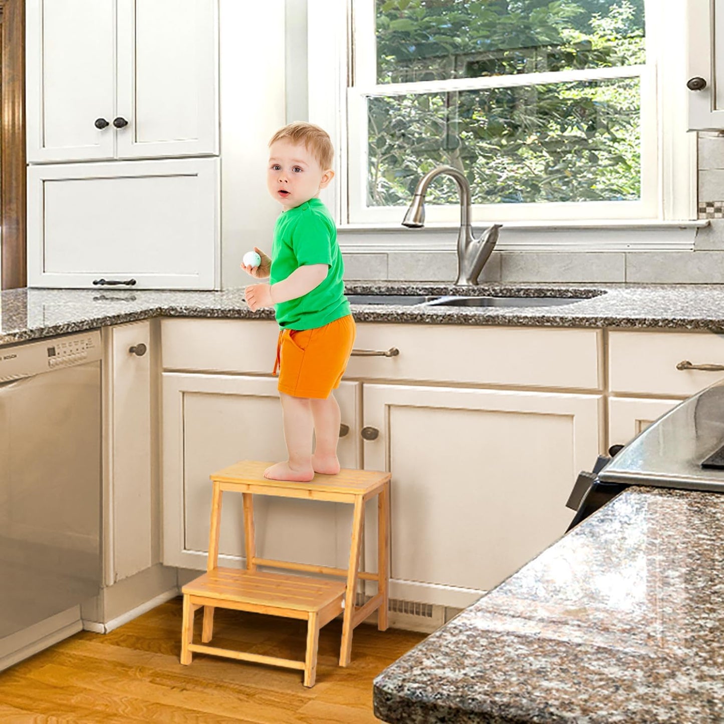 Bamboo Folding Climbing Step Stool, 2 Step Ladder Multi-Functional Stair Chair with Sturdy Structure, Non-Slip Step Pads, Wide Stepping Surface for Safety, Simple Folding Stool for Bathroom, Kitchen