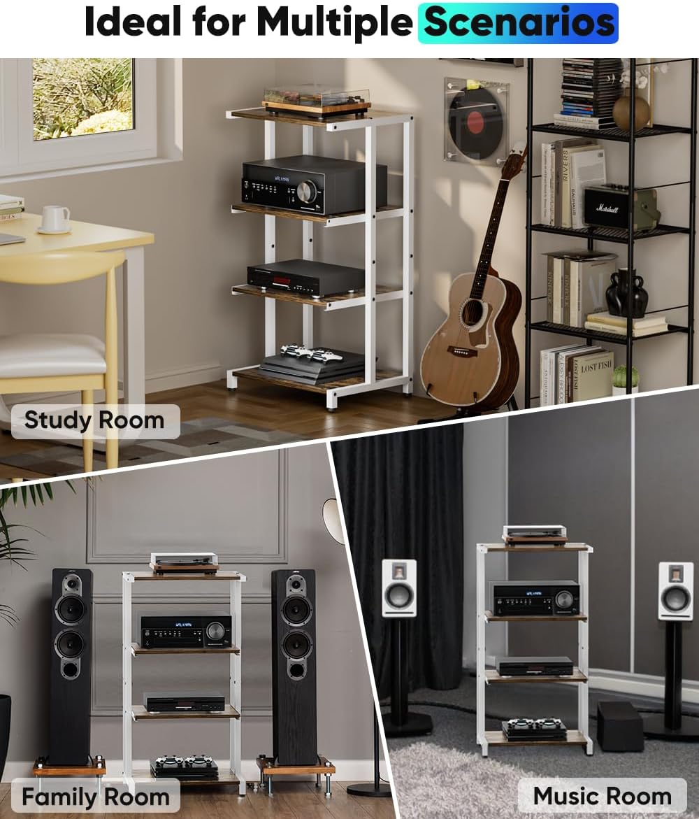 4-Tier Wooden Media Stand, AV Media Stand Corner Shelf for TV Accessories/Audiovisual Equipment/Optical Disc/PS4, Audio Storage Rack for Living Room, Gaming Room, Music Studio, White