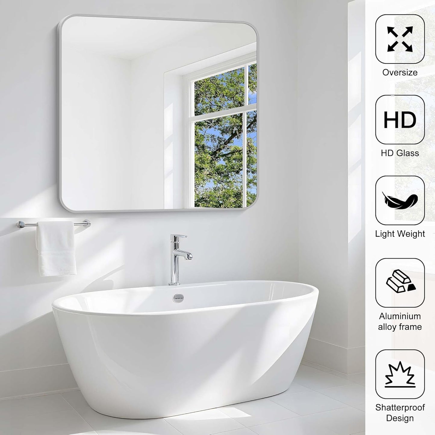 Silver Bathroom Mirror, 42 x 42 Inch Silver Square Mirror, Metal Framed Rectangular Vanity Mirror, Rounded Corner Wall Mounted Mirror for Living Room Bedroom Entryway Hangs Horizontal/Vertical