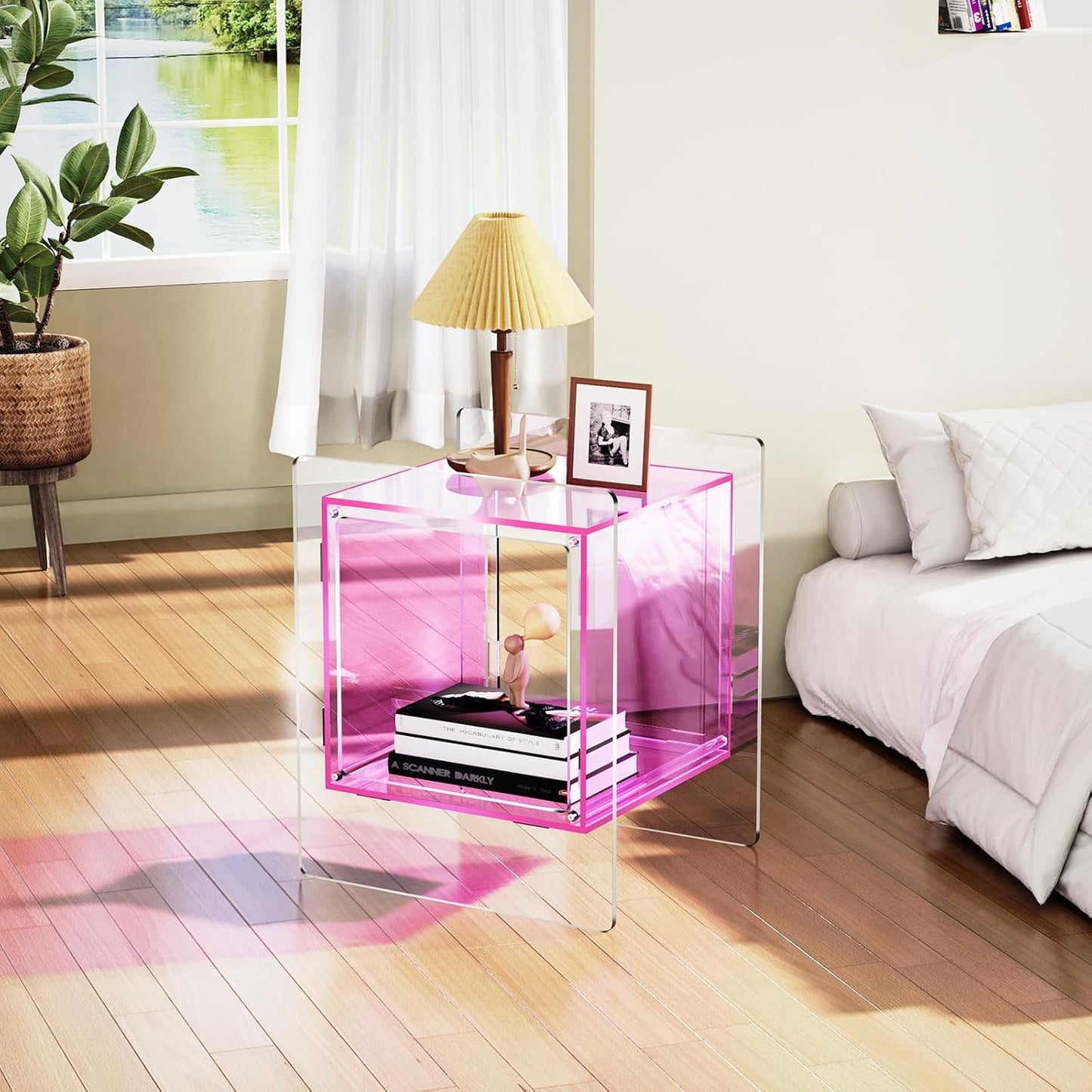 Acrylic Nightstand Colorful Bedside Table with Open Storage Shelf,Clear Side Table for Living Room (1, Pink)