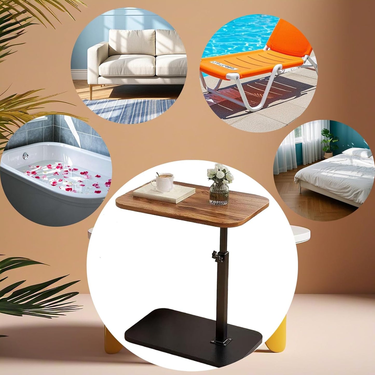 C End Table Adjustable Height,C Shaped Side Tables Living Room and Bedroom for Sofa, Chair,Bed,Coffee Small Spaces Side Table (Walnut Brown)