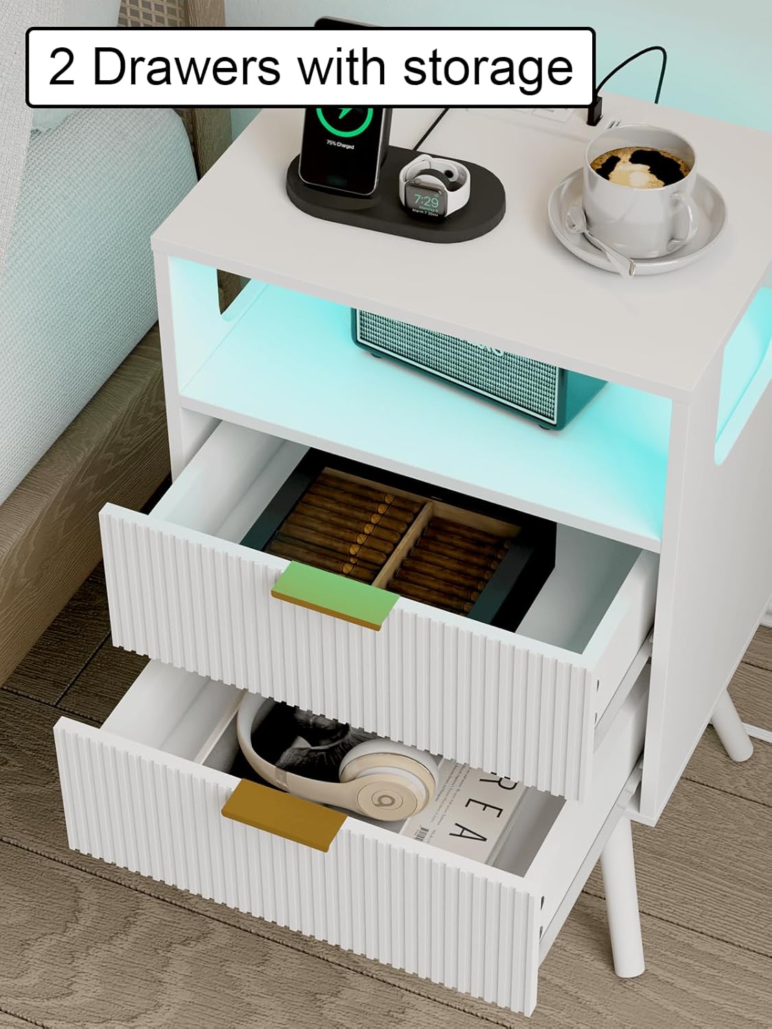 Nightstand, Modern Bedside Table with 2 Storage Drawer and Open Wood Shelf for Bedroom and Small Spaces, Night Stand with Solid Wood Legs (White-Outlet)