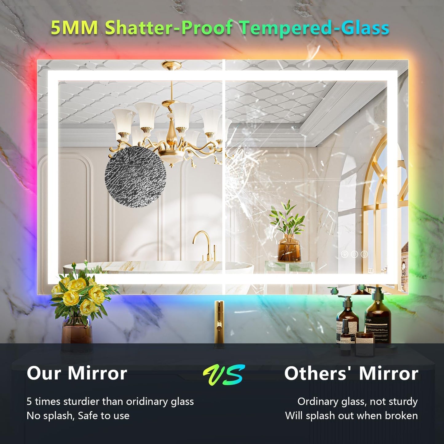 40x24 Inch RGB LED Bathroom Mirror Front Light and RGB Backlit Lighted Vanity Mirror for Bathroom Wall Mounted Dimmable Anti Fog Memory Shatter-Proof IP54 Waterproof Horizontal/Vertical