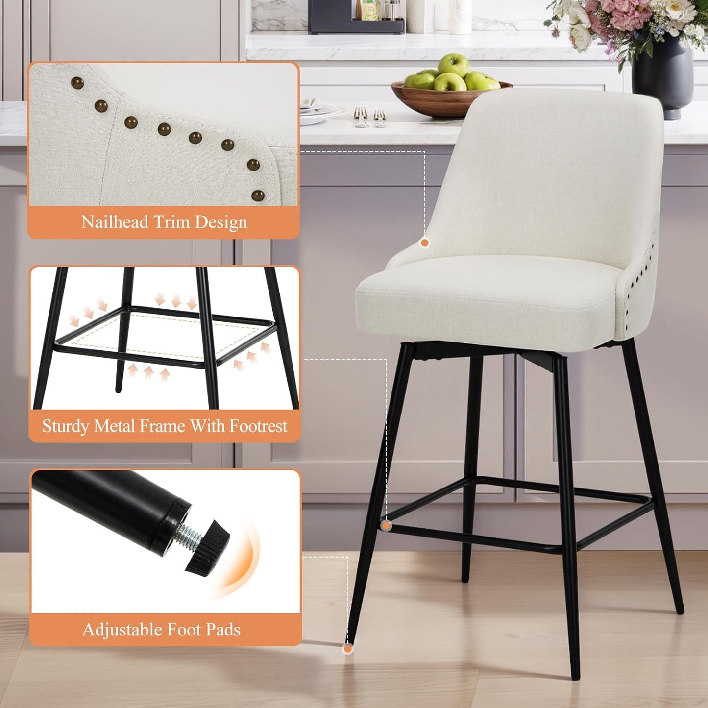 COLAMY Bar Stools Set of 6, 26.18" Counter Height Swivel Stools with Thick Padded Seat, Adjustable Footrest & 360° Rotation, Soft Fabric Upholstery for Kitchen Island/Home Bar/Cafe, Beige