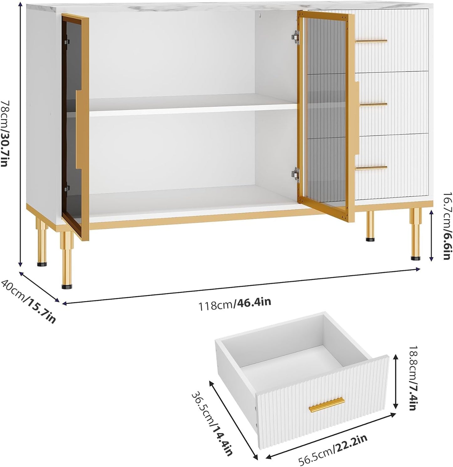 Buffet Sideboard Cabinet with Storage, 46.4" Large Fluted Kitchen Sideboard Cabinet with 2 Glass Doors 3 Drawers and Shelves, Faux Marble Top Buffet Table for Dining Room, Living Room, White