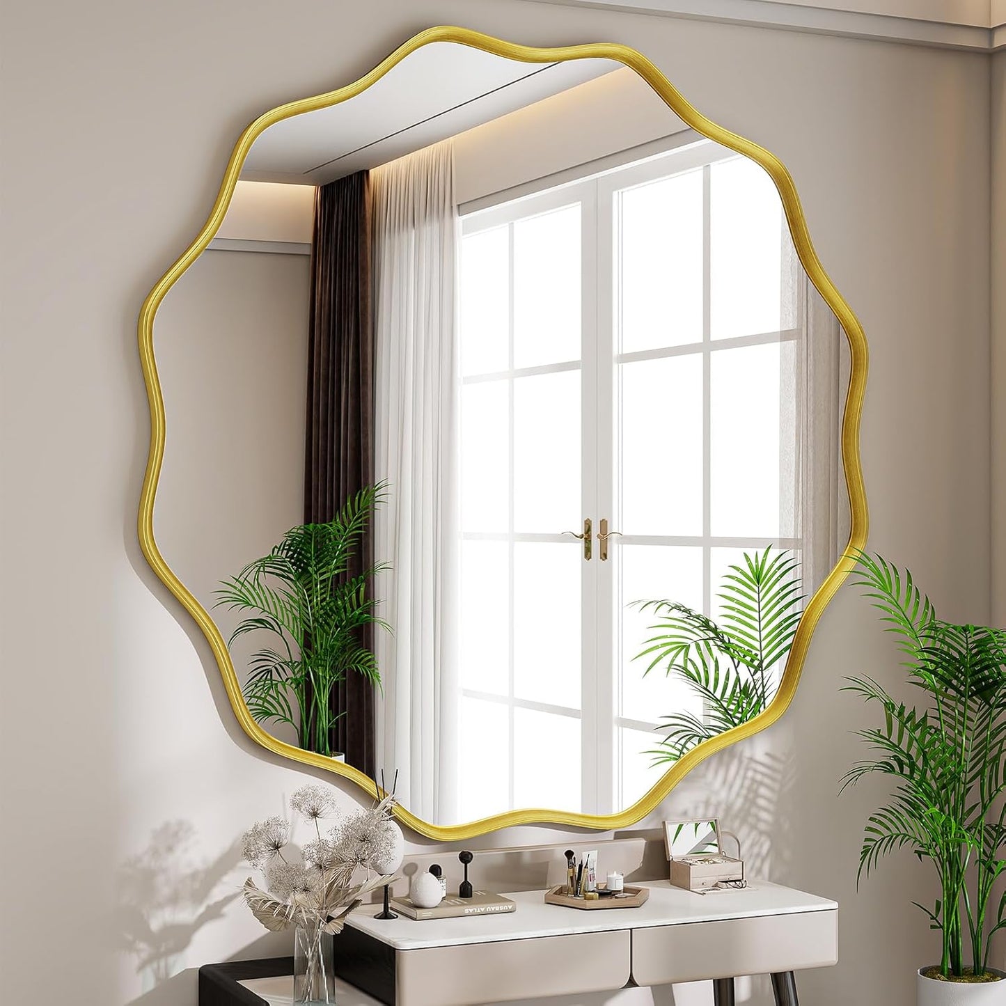 Round Wavy Mirror, 42 Inch Metal Frame Circle Mirror, Round Wall Mounted for Entryway, Bathroom, Vanity, Living Room, Gold