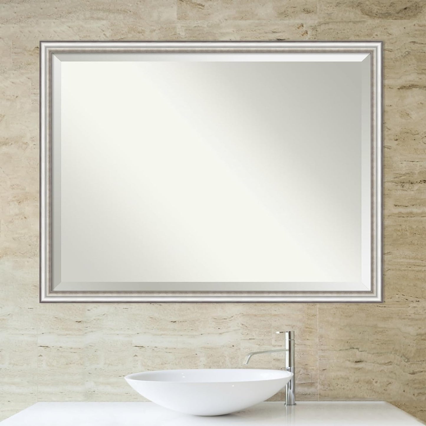 Amanti Art Silver Bathroom Mirror for Over Sink, 33x43 Salon Silver Narrow Rectangle Vanity Mirror, X-Large Traditional Frame, Hangs Horizonally and Vertically, Bathroom Wall Decor, Beveled Edge