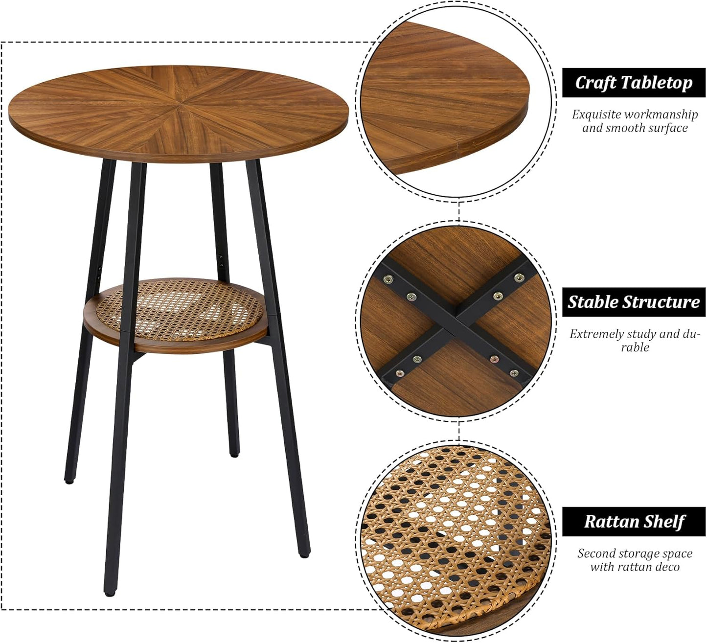 ZYBT Boho Bar Height Table - Rattan Storage Shelf, High Top & Counter Height Dining Table