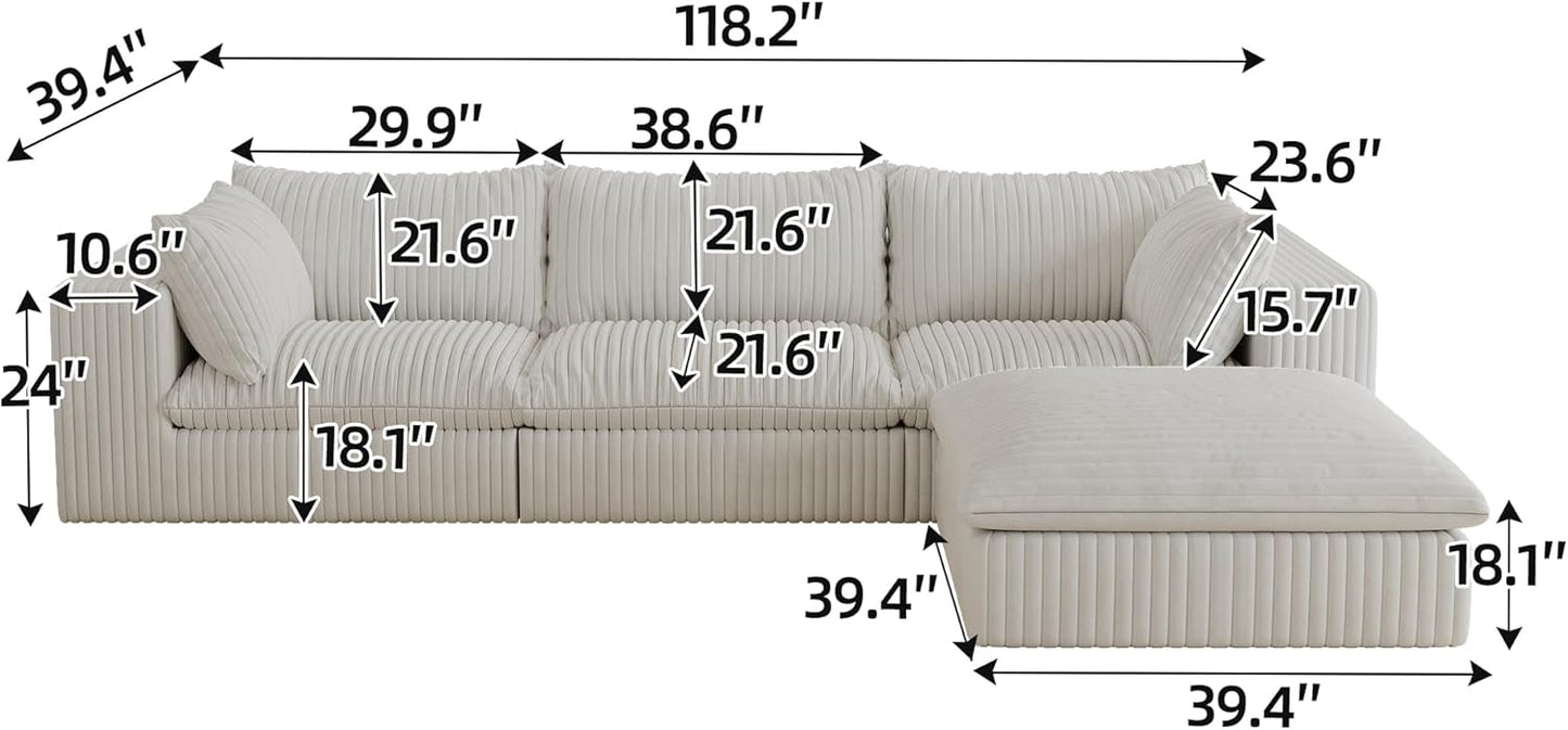 118.2" L Shaped Modular Sectional Cloud Couch with Ottoman, Plush Corduroy Upholstered Compression Sofa, 4-Seat Deep Seat Boneless Sofa Couches with Throw Pillow