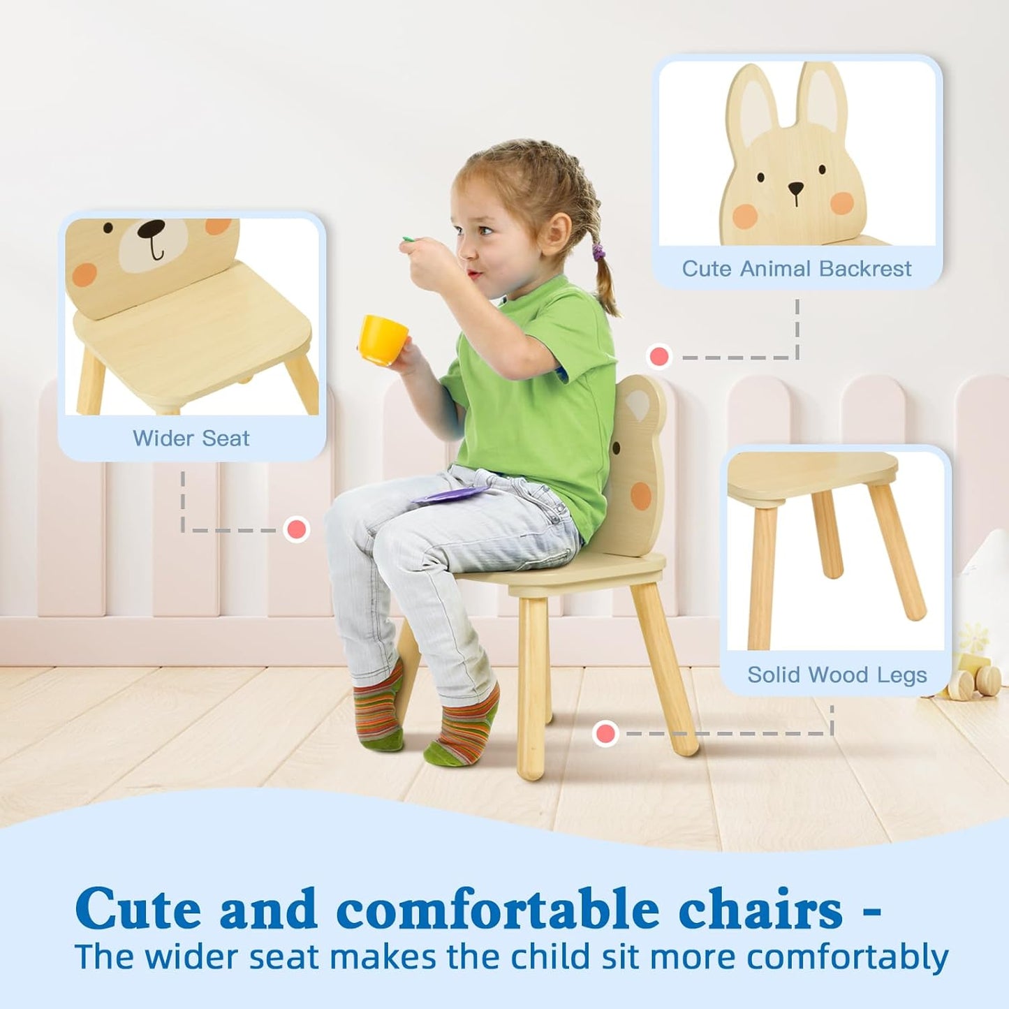 OOOK Kids Wooden Animal Chairs, Including Rabbit and Bear Chair, Kids Playroom Furniture for Eating, Reading, Playing