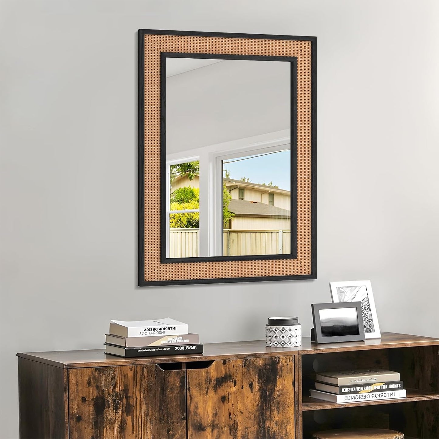 Rattan Wall Mirror with Wooden Framed 24 X 32 inch Farmhouse Rectangle Wood Mirror for Modern Decorative Bathroom, Living Room, Entryway, Bedroom (Black)