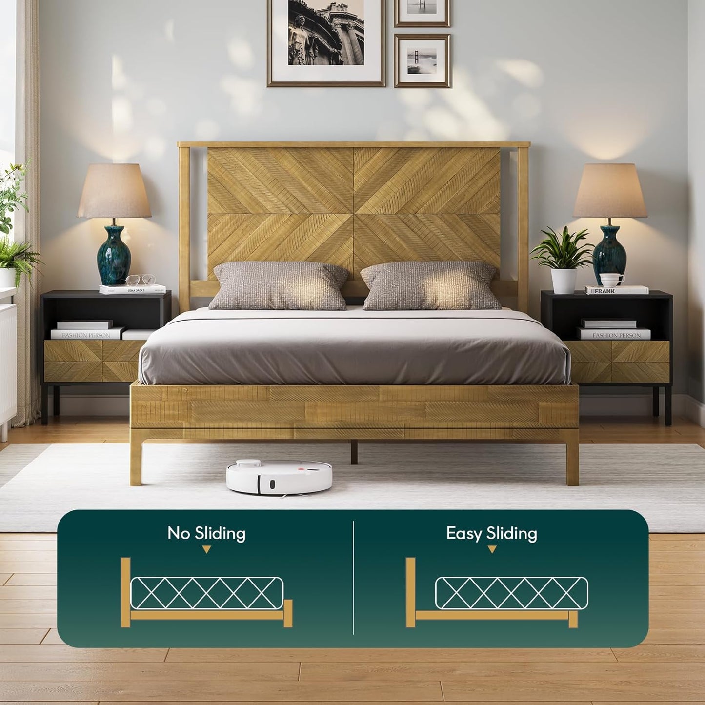 Bme Vivian 14 Inch Deluxe Bed Frame with Headboard, Rustic & Scandinavian Style with Solid Acacia Wood, No Box Spring Needed, 12 Strong Wood Slat Support, Easy Assembly, Queen, Rustic Seadrift