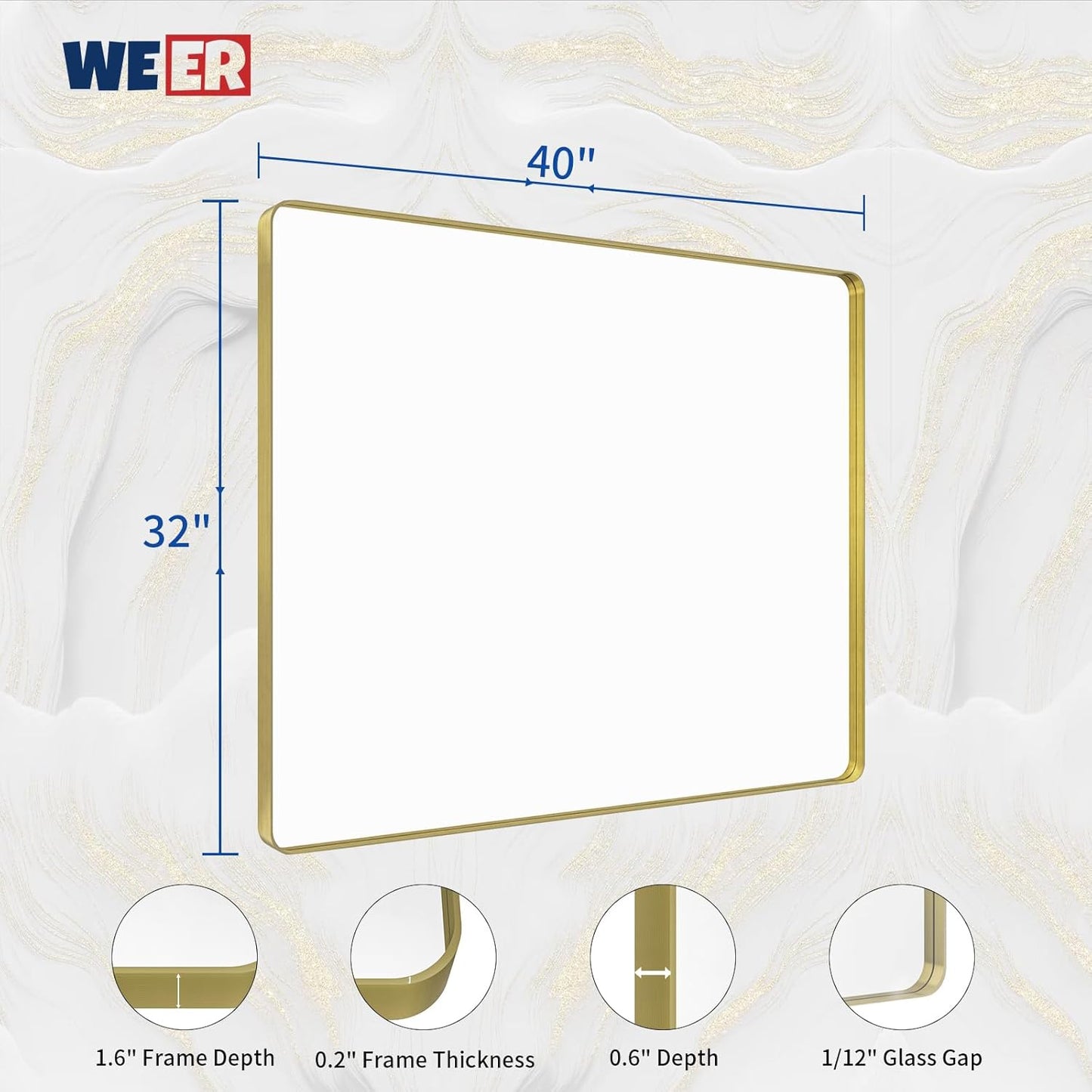 WEER Gold Bathroom Mirror, 40X32 Inch Brushed Gold Metal Frame Mirror, Rounded Rectangle Gold Bathroom Vanity Mirror for Wall, Tempered Glass, Anti-Rust, Hangs Horizontally or Vertically