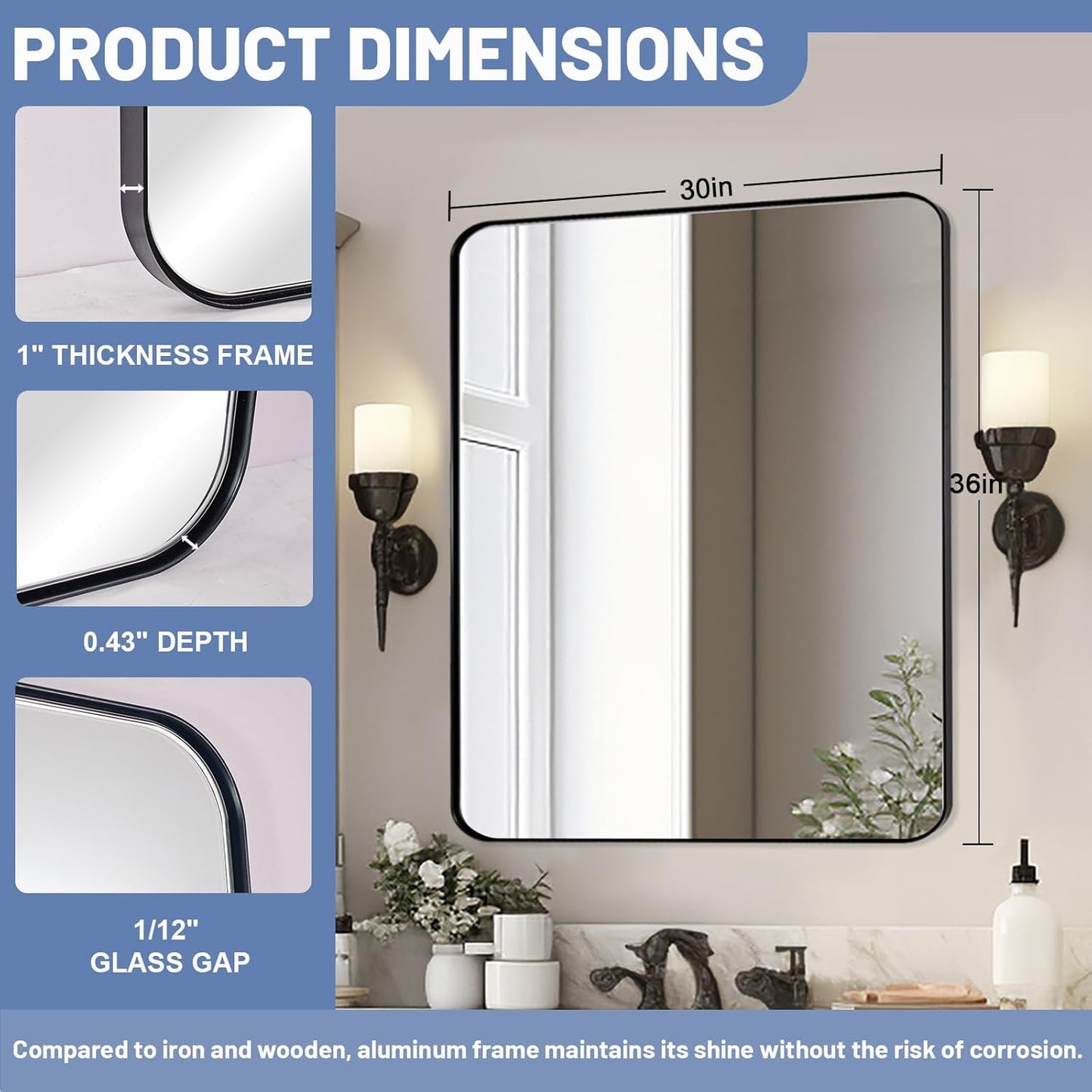 Black Mirrors for Bathroom, 30"x36" Rounded Corner Rectangle Mirror, Modern Metal Frame Bathroom Vanity Mirror for Home Decor Living Room Entryway (Horizontal/Vertical)