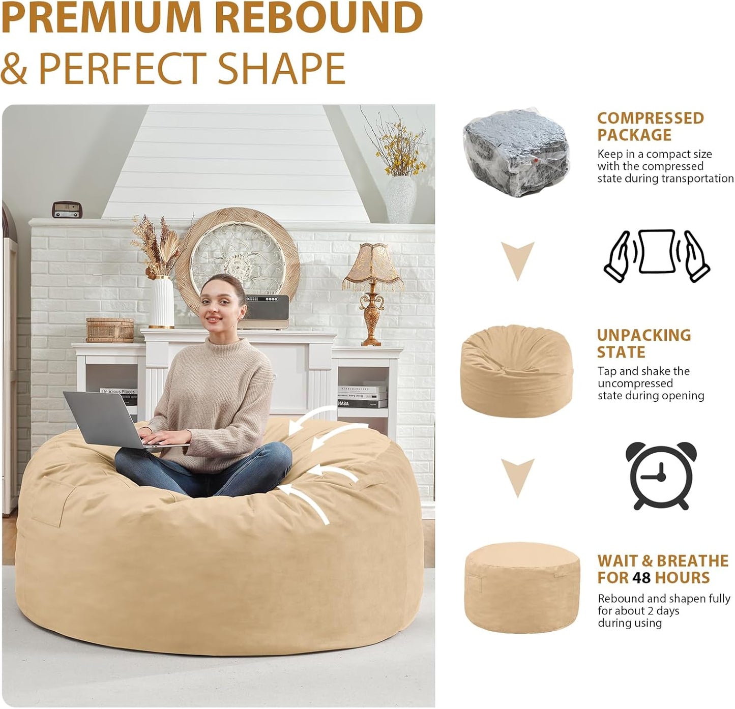 4FT Bean Bag Chair, Large Bean Bag Chairs with Memory Foam Filled, Fluffy Beanbag Sofa with Dutch Velvet Cover, Round BeanBag Chairs for Living Room, Playroom - Khaki