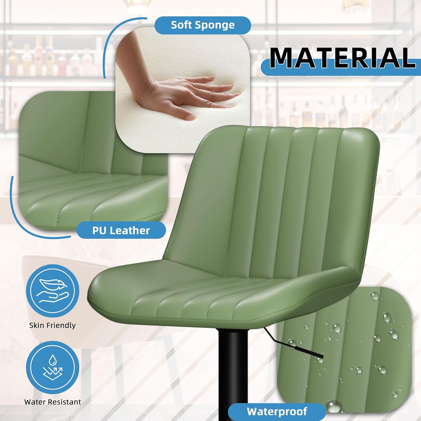 Shintenchi Swivel Bar Stools Set of 2, Adjustable Faux Leather Upholstered Swivel Counter Stools, Armless Bar Height Island Chairs with Back and Footrest, Green