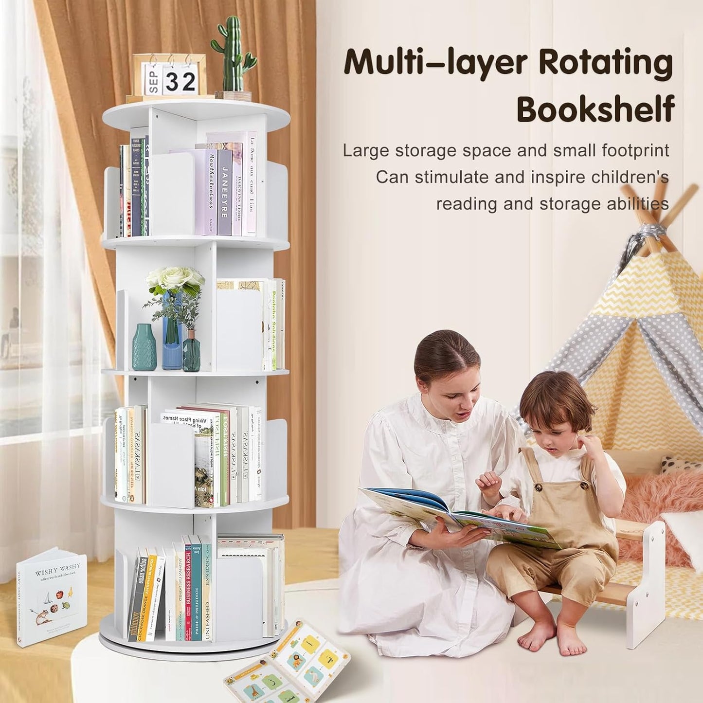 Rotating Bookshelf,Wooden Rotating Corner 4-Tier 360 Display Spinning Floor Standing Bookcase White Stackable Bookshelf Storage Rack Organizer for Small Space Bedroom Living Room Study Room