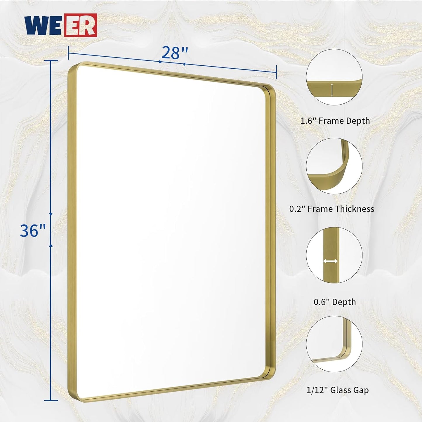 WEER Gold Bathroom Mirror, 28X36 Inch Brushed Gold Metal Frame Mirror, Rounded Rectangle Gold Bathroom Vanity Mirror for Wall, Tempered Glass, Anti-Rust, Hangs Horizontally or Vertically