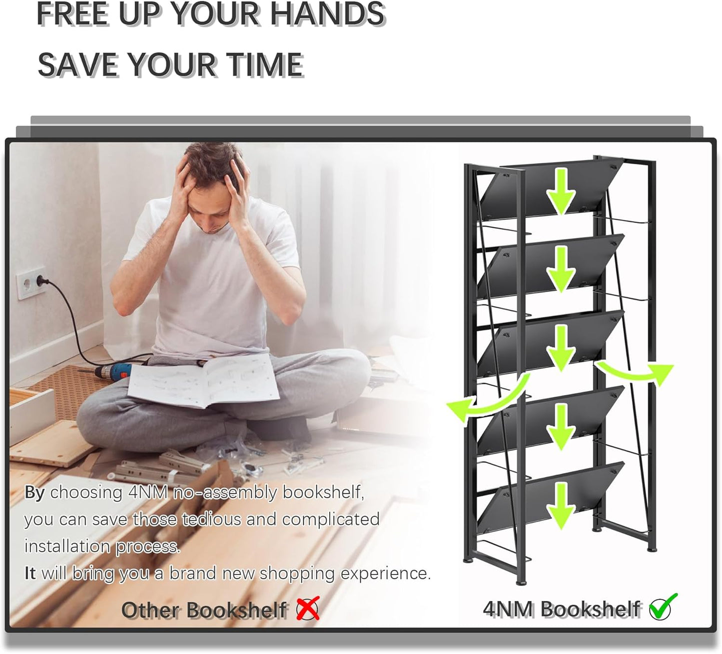 4NM No Assembly Folding Bookshelf, 5-Shelf 62.2" H Collapsible Foldable Bookcase Storage for Small Spaces, All Black