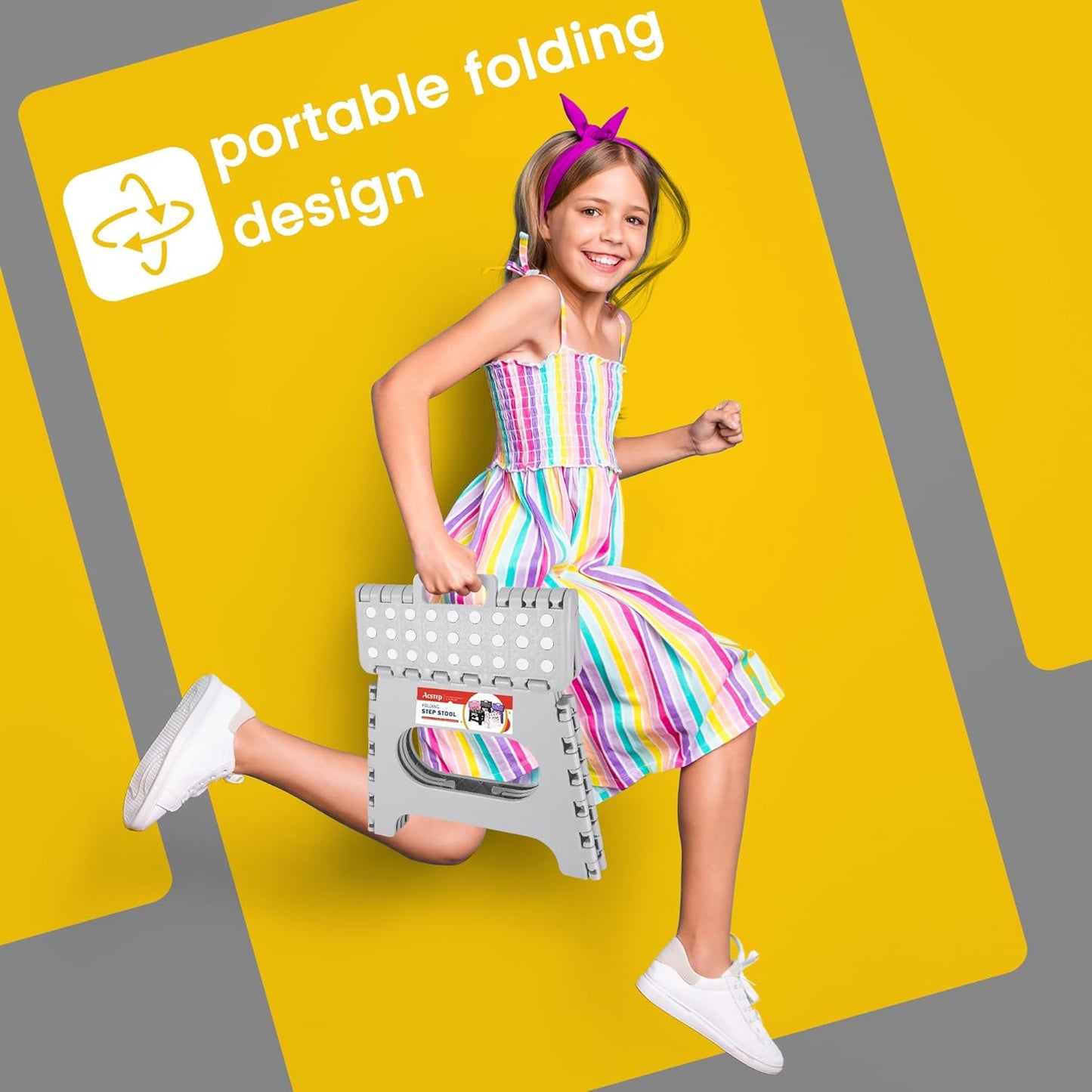 ACSTEP Folding Step Stool 11'' Foldable Step Stool for Kids and Adults Up to 300 lbs, Non-Slip Folding Stools with Portable Handle for Bedroom Kitchen, Bathroom Grey