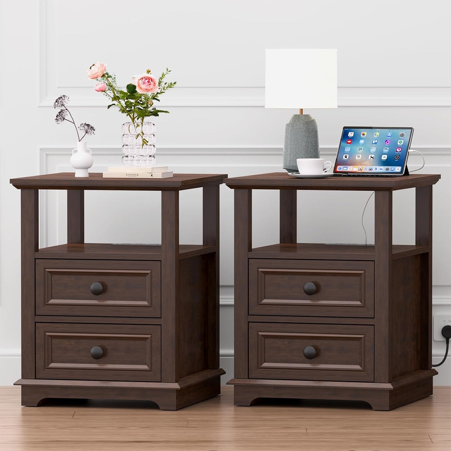 18" Wide End Table with Fast Charging Station Set of 2, 18” Wide Sofa Side Table with Drawers,End Table with Drawers for Living Room,Cherry