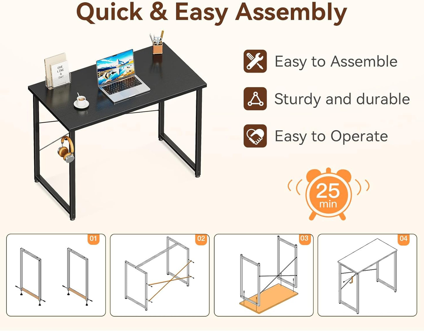 ODK 32 Inches Small Desk for Home Office, Computer Study Table for Small Spaces, Writing Desk with Headphone Hooks, Black