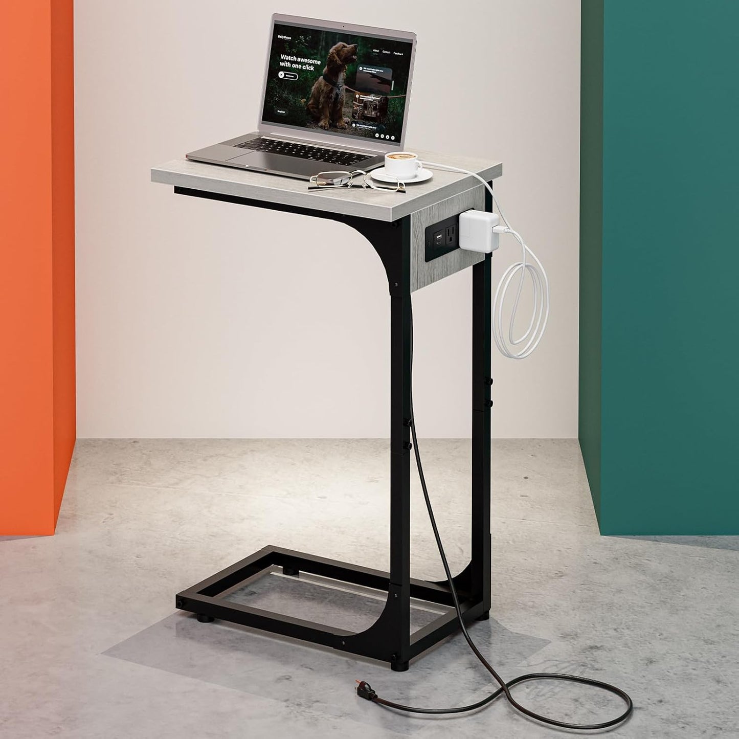 C-Shaped Side Table for Couch - Small Coffee Stand Sofa Tray Desk with Metal Frame Waterproof Scratch Resistant Wood Top and Built-in Charging Station, Greige